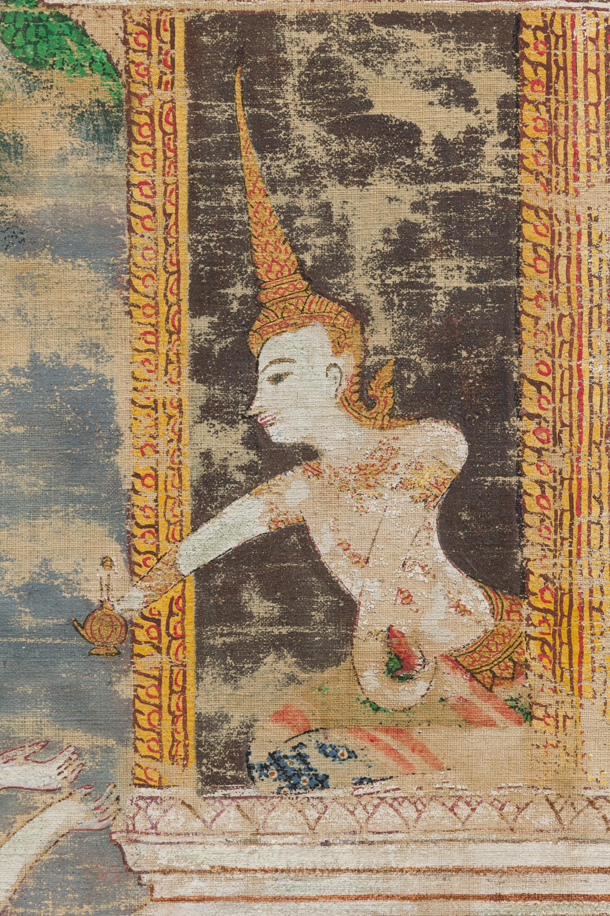 Femme noble asiatique thaïlandaise dans sa retraite Peinture mythologique Bon état - En vente à Queens, NY