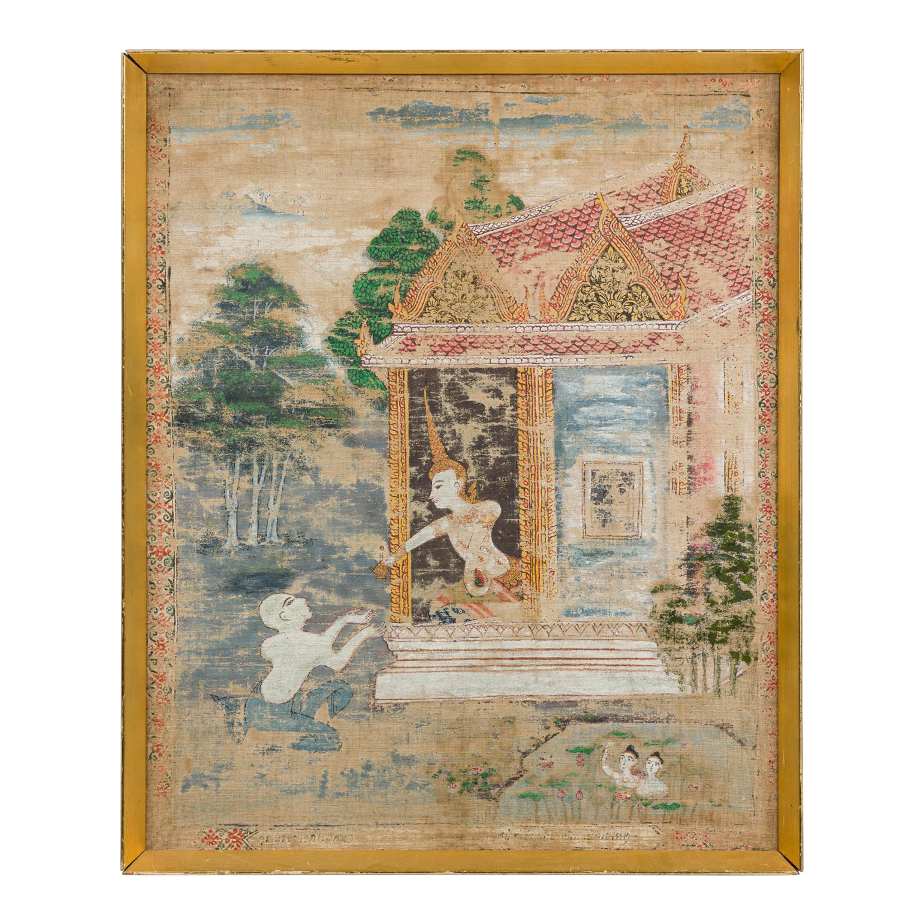 Femme noble asiatique thaïlandaise dans sa retraite Peinture mythologique en vente