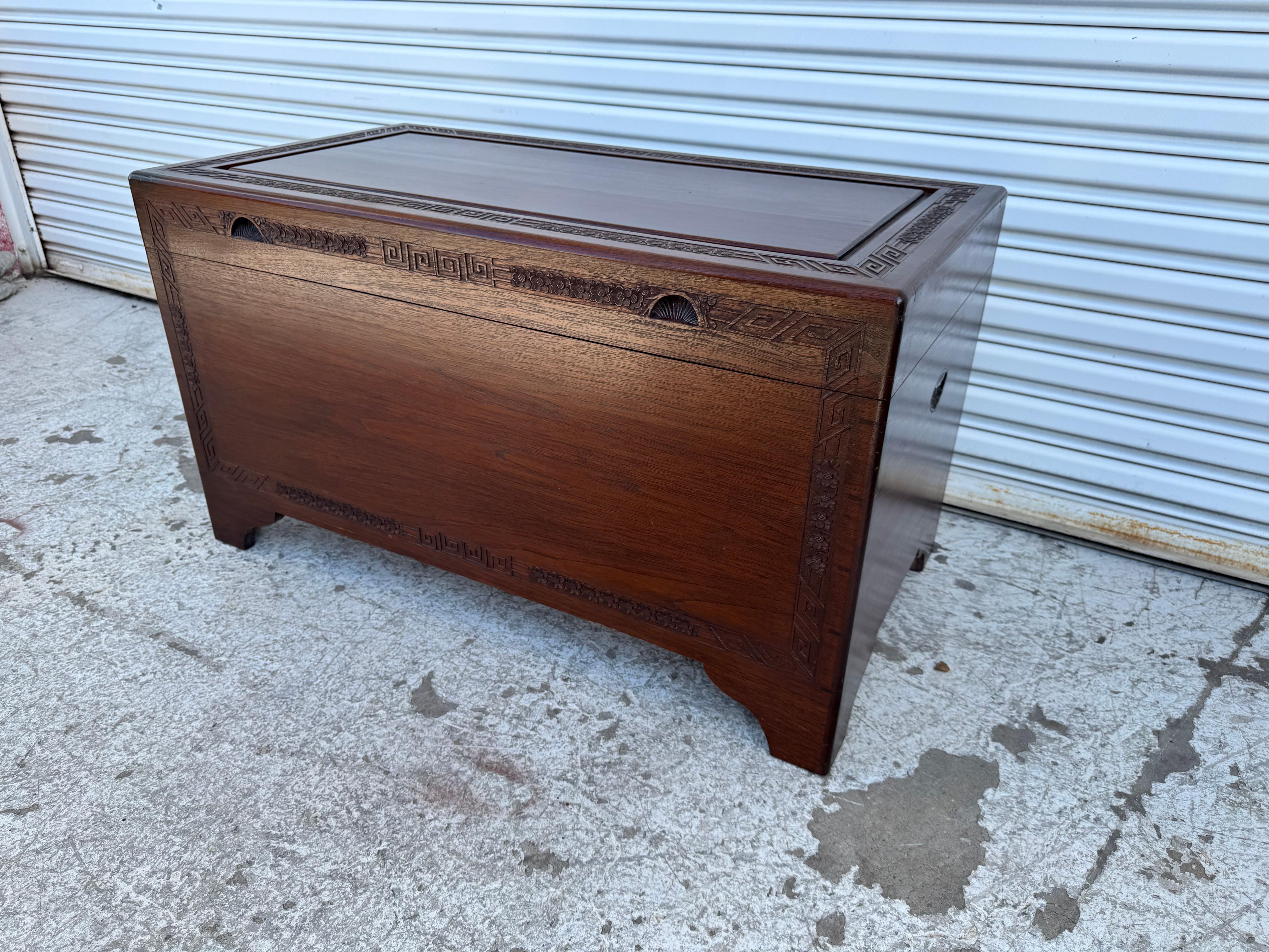 Chinese Export Asian Themed  Carved Teak Cedar Chest For Sale