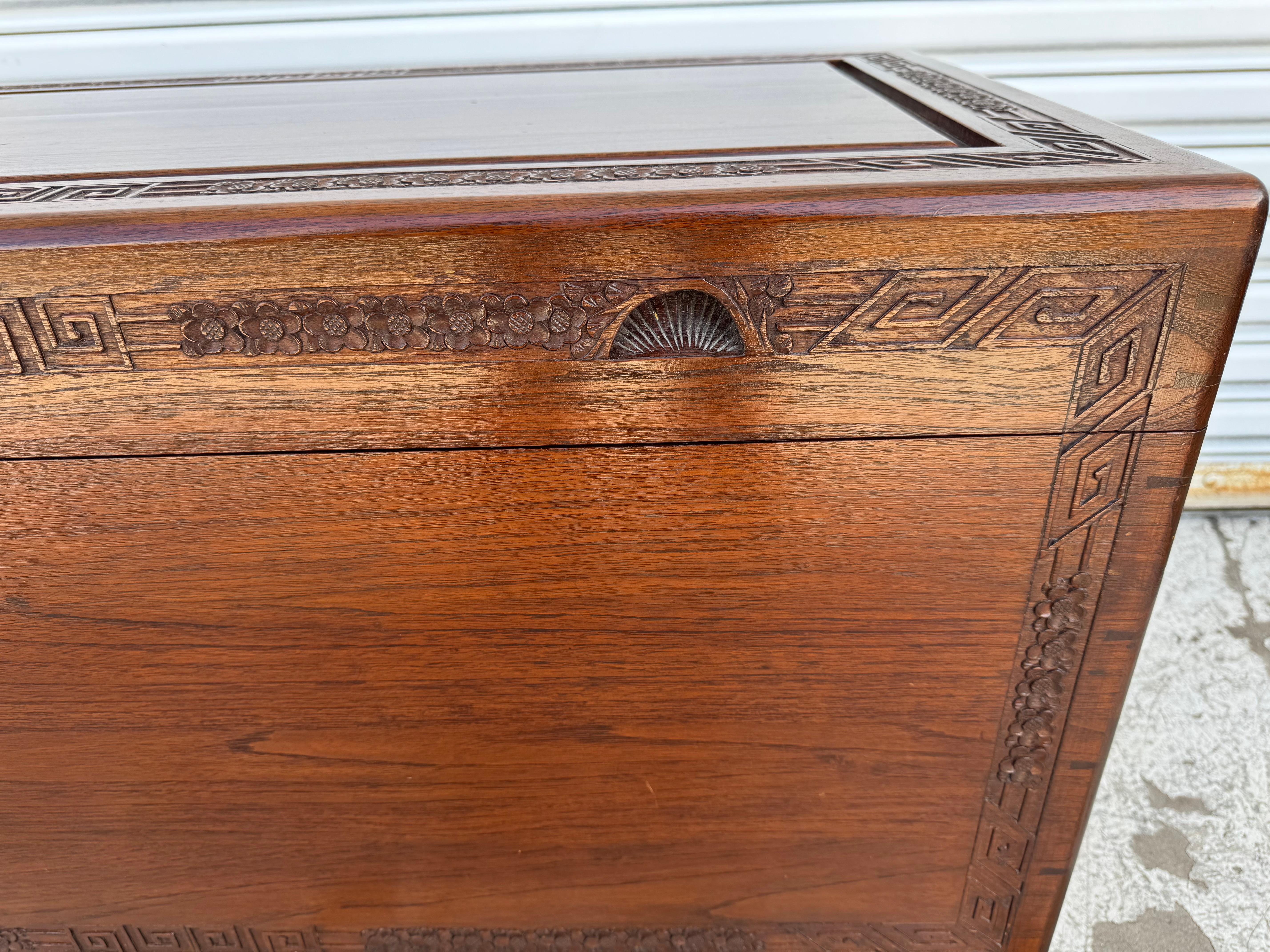 Chinese Asian Themed  Carved Teak Cedar Chest For Sale