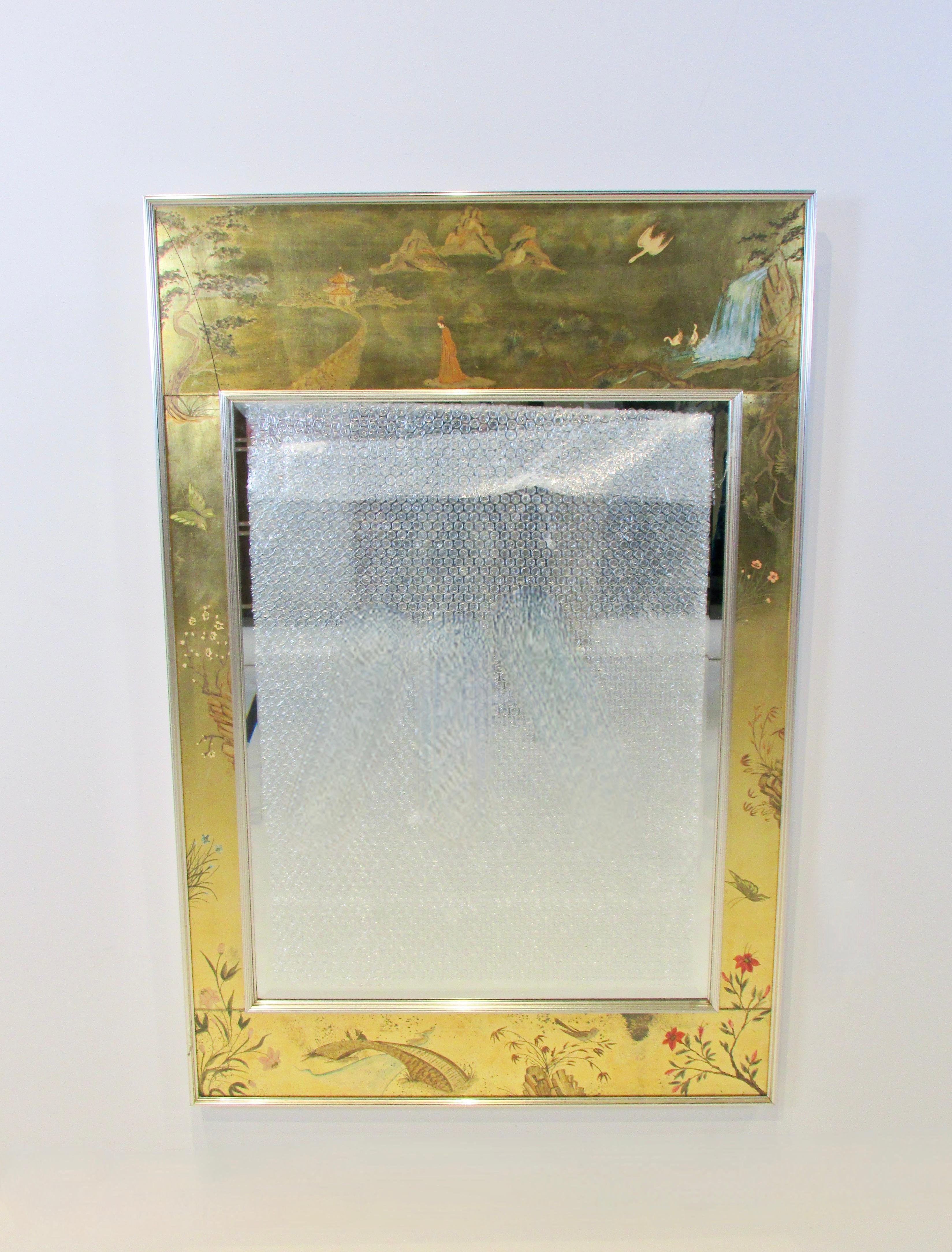 American Asian themed LaBarge wall hanging mirror with gold leaf trim For Sale