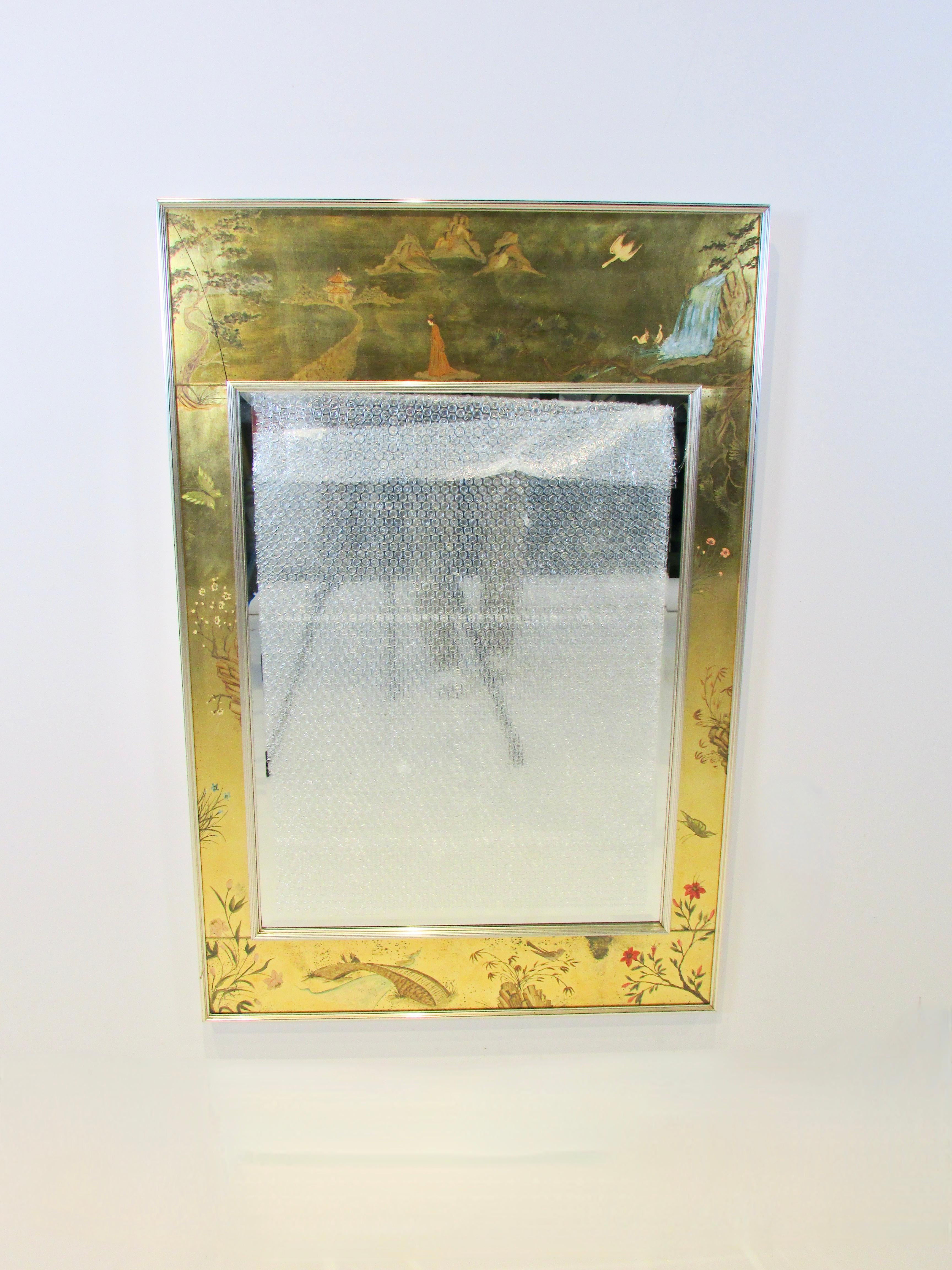 Asian themed LaBarge wall hanging mirror with gold leaf trim In Good Condition For Sale In Ferndale, MI