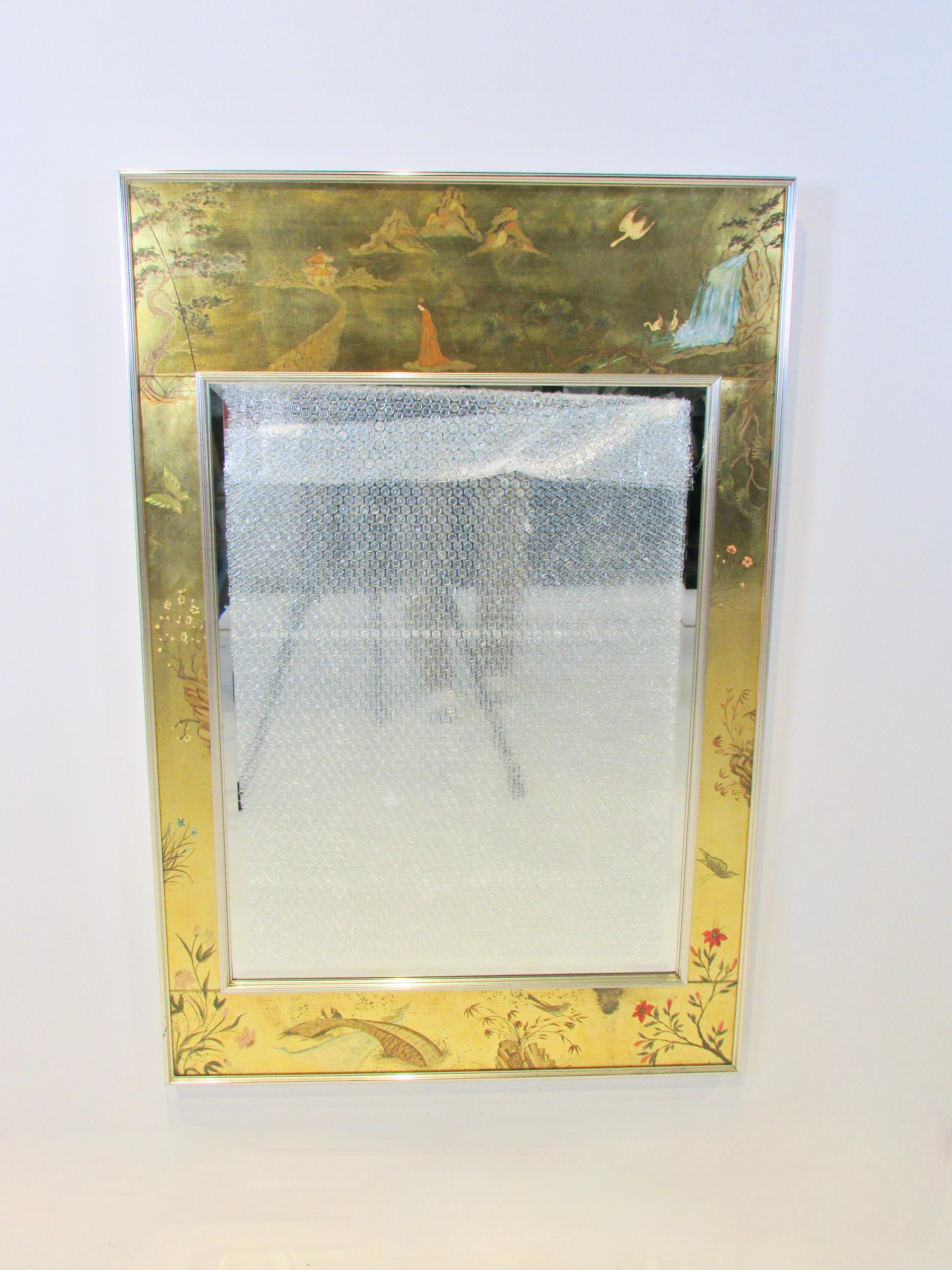 20th Century Asian themed LaBarge wall hanging mirror with gold leaf trim For Sale