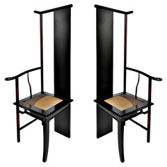 Asian Themed Tall Backed Lacquered Hall Chairs, Mirrored Image Pair