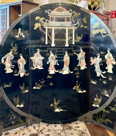 Asian Round Coromandel Black Laquer Screen Room Divider