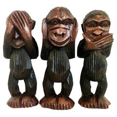 Asian “Three Wise Monkeys” in Carved Wood
