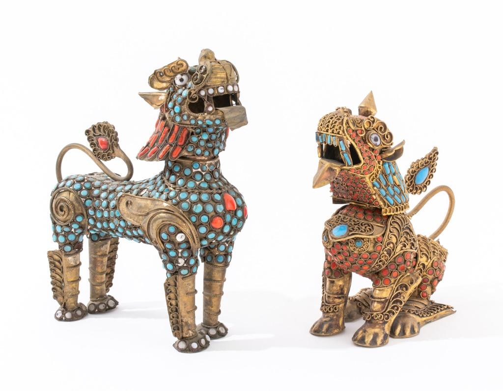 Asian Tibetan assembled pair of enamel jeweled gilt metal Kylin foo dogs or guardian lions, one standing and one seated, both with removable head. Largest: 6