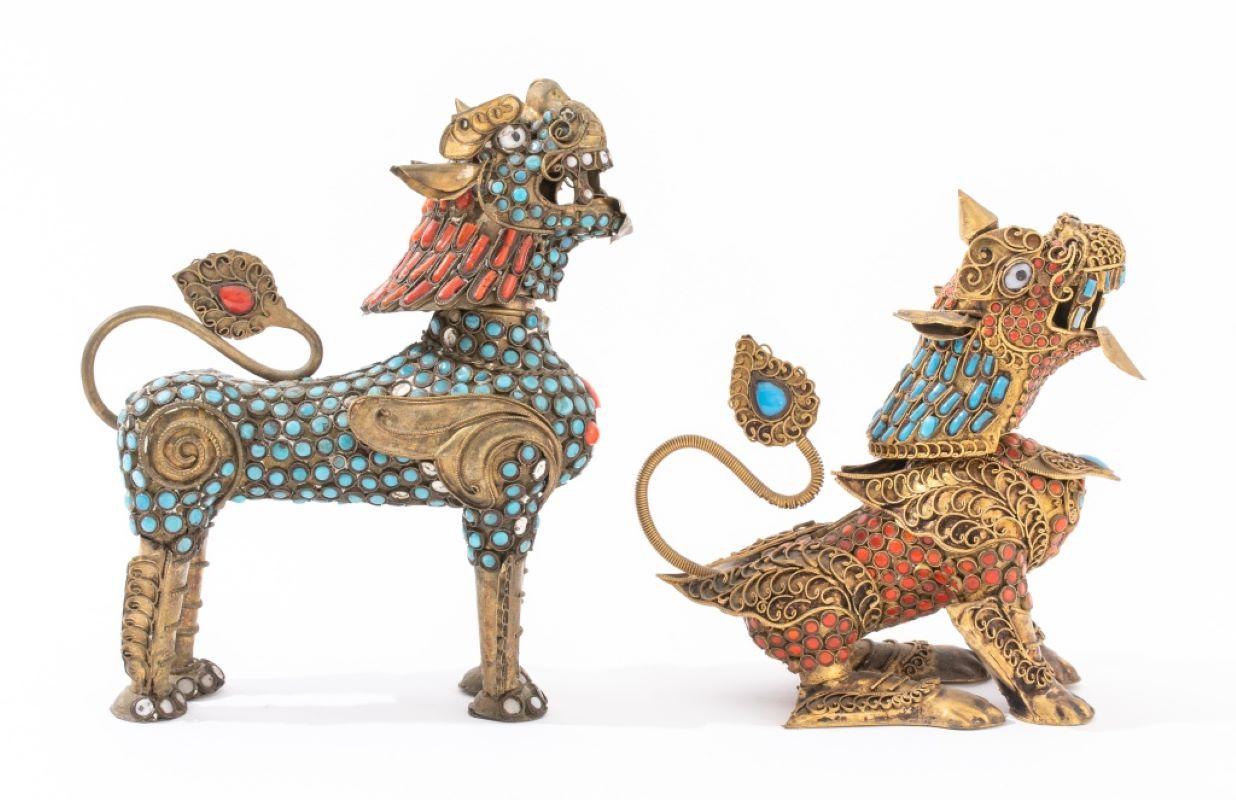 Metal Asian Tibetan Enamel Jeweled Kylin Foo Dog, 2