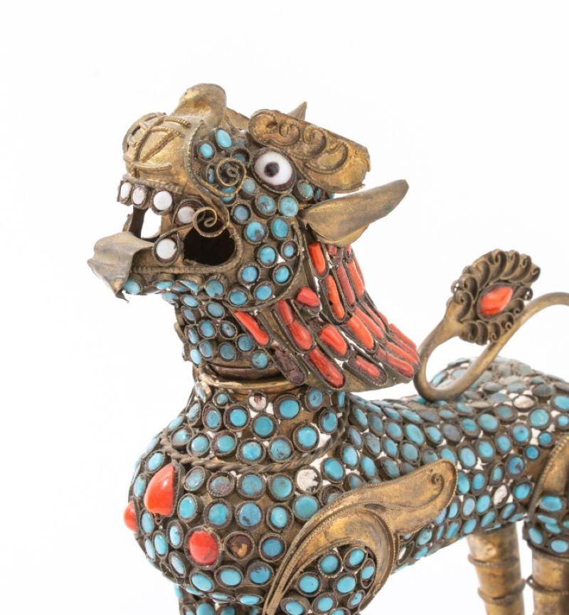 Asian Tibetan Enamel Jeweled Kylin Foo Dog, 2 2
