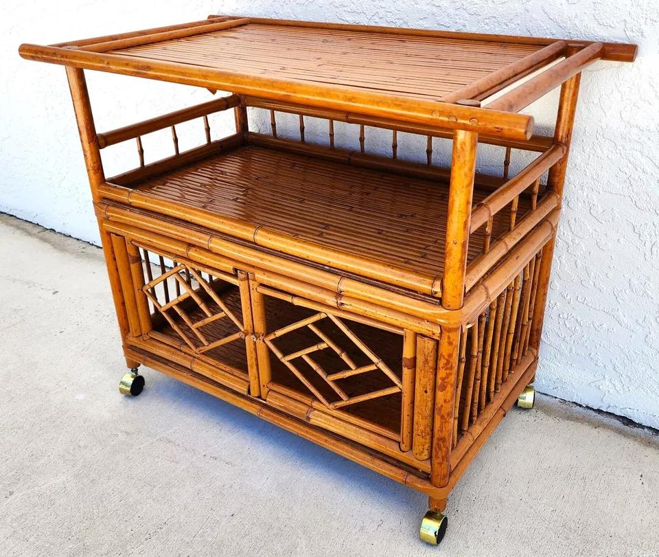 Asian Tiger Bamboo Bar Serving Cart Pagoda Vintage 1