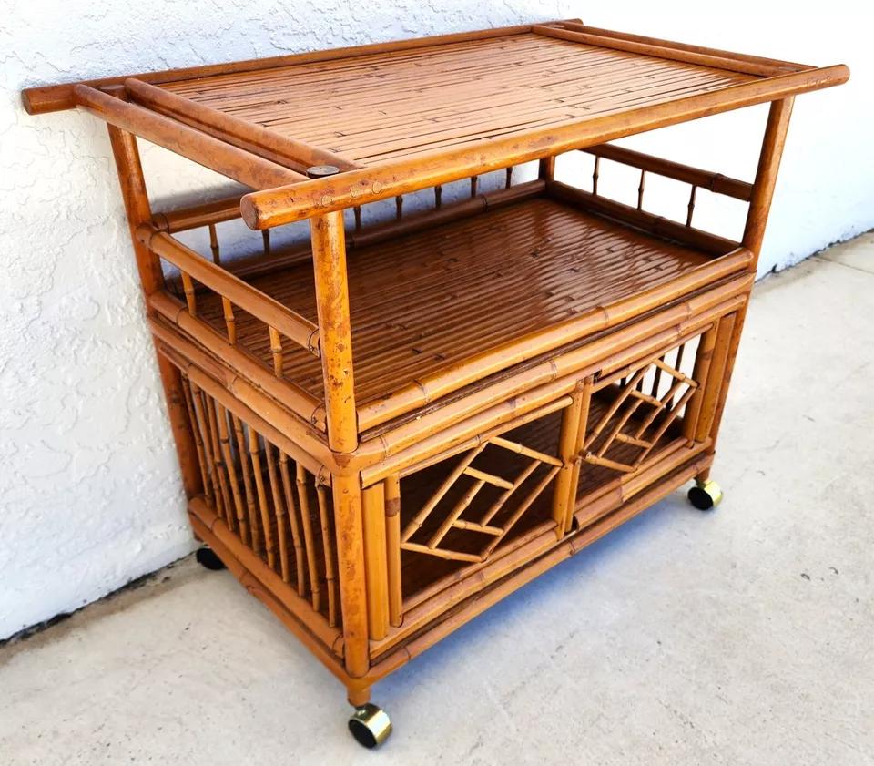 Asian Tiger Bamboo Bar Serving Cart Pagoda Vintage 5