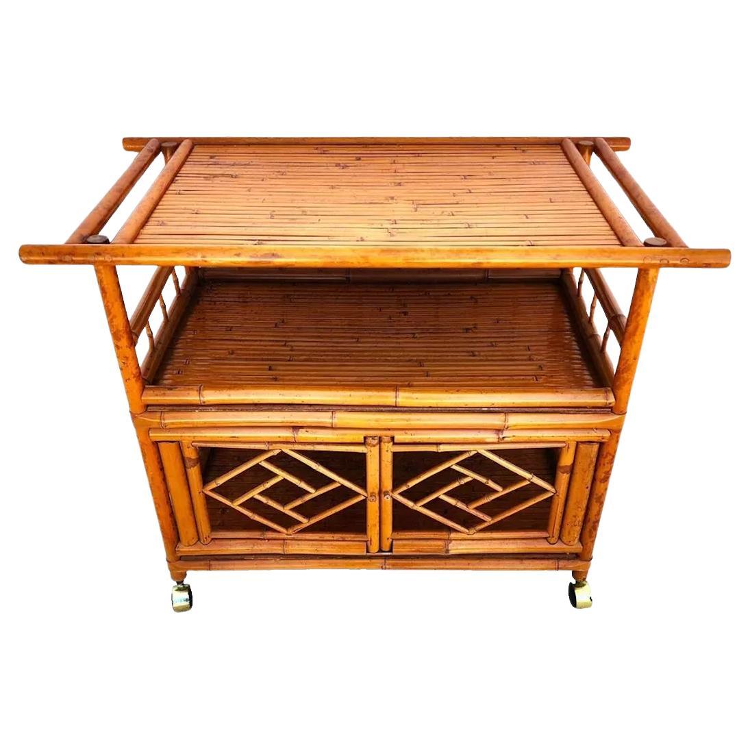 Asian Tiger Bamboo Bar Serving Cart Pagoda Vintage