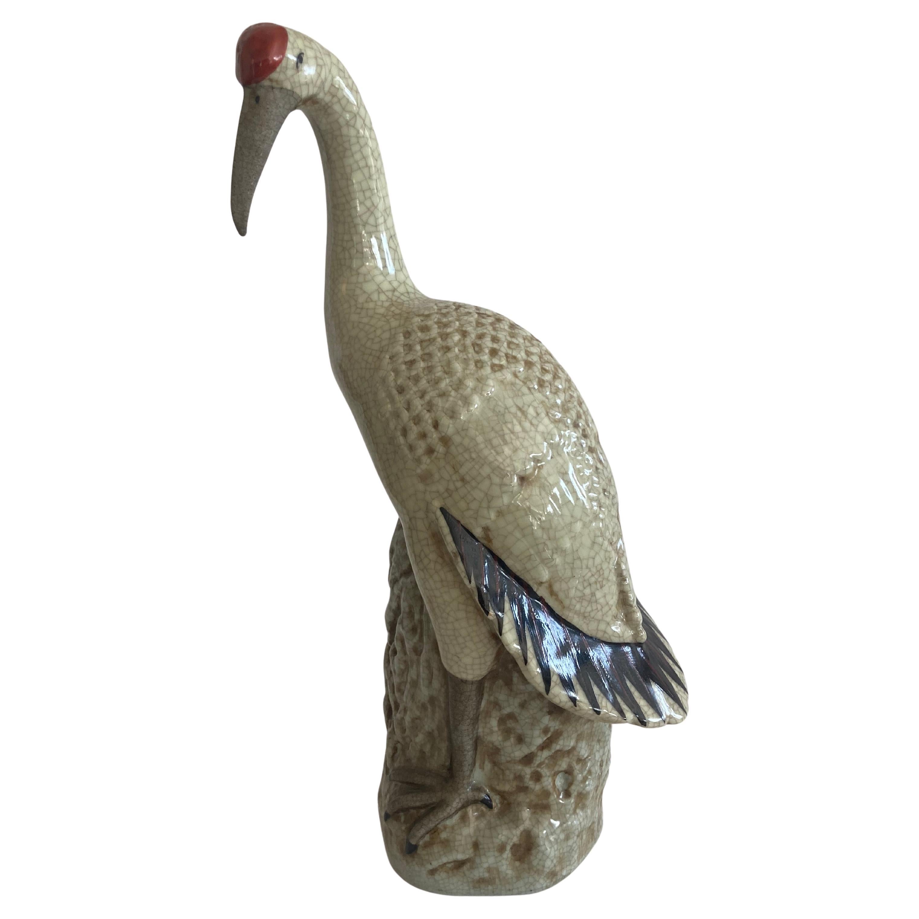 Asian Tropical Bird Glazed Porcelain Sculpture, 1950s, Palm Beach Chic