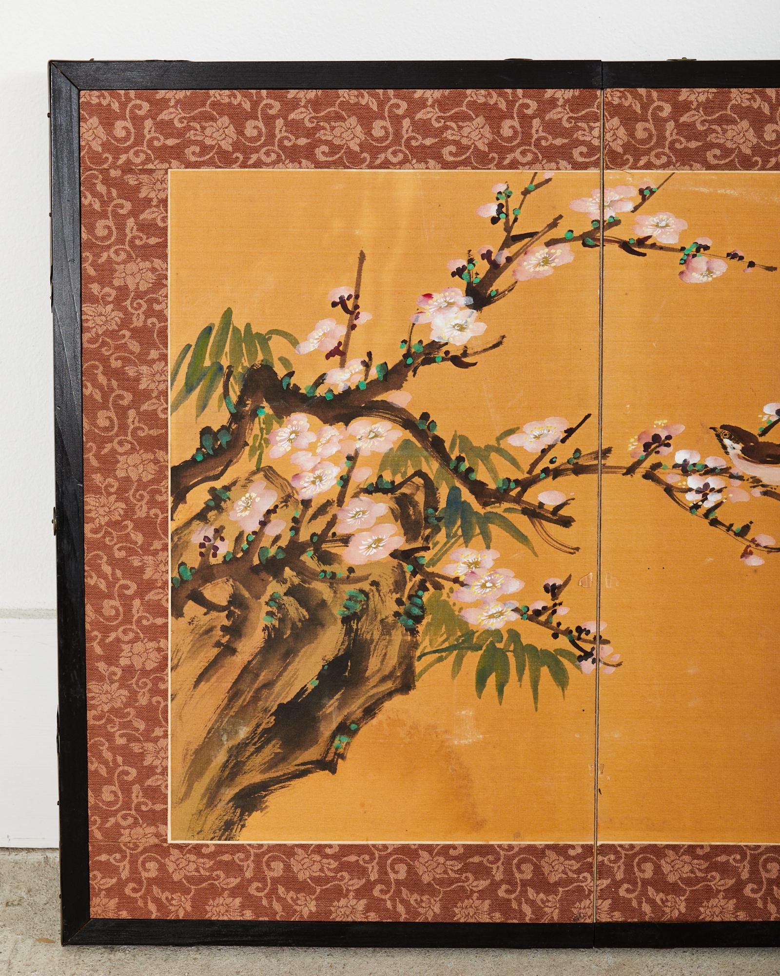 Chinese Export Asian Two Panel Table Screen Flowering Prunus with Songbird For Sale