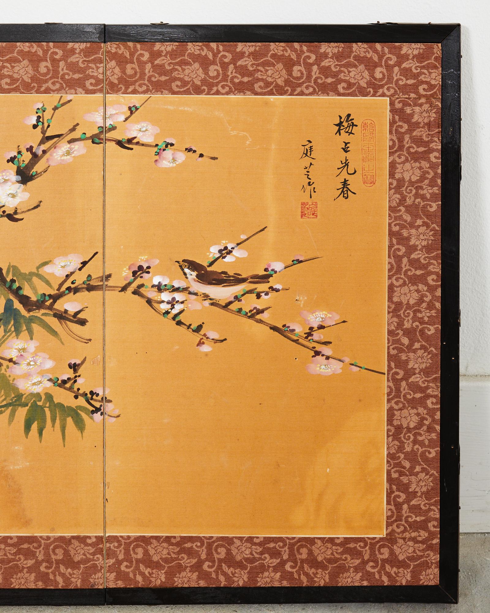 Chinese Asian Two Panel Table Screen Flowering Prunus with Songbird For Sale