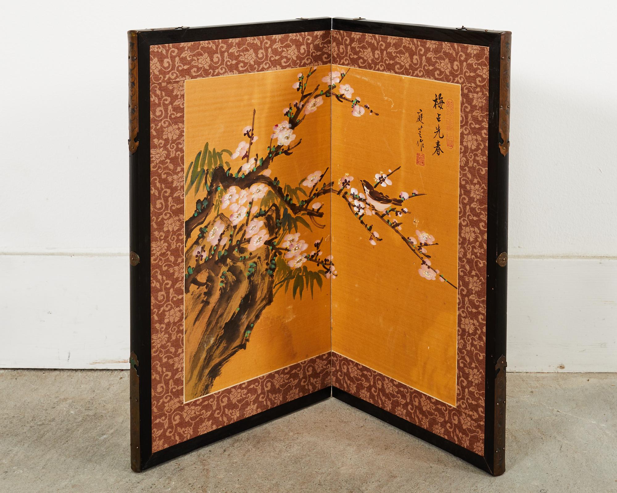 Asian Two Panel Table Screen Flowering Prunus with Songbird In Good Condition For Sale In Rio Vista, CA