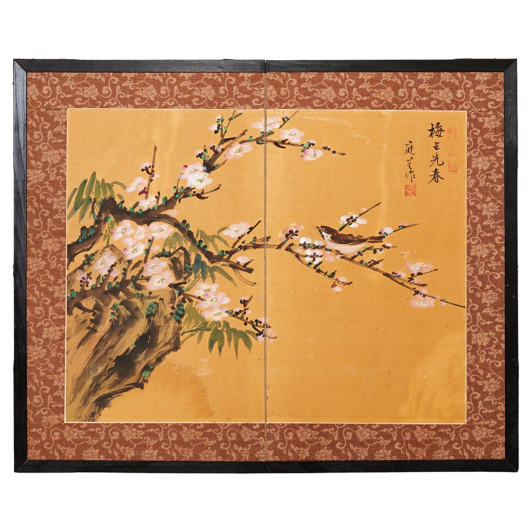 Asian Two Panel Table Screen Flowering Prunus with Songbird For Sale