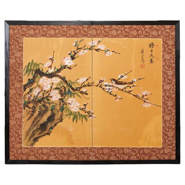Two Panel Asian Screen Asian Two Panel Table Screen Flowering Prunus with Songbird For Sale at ...