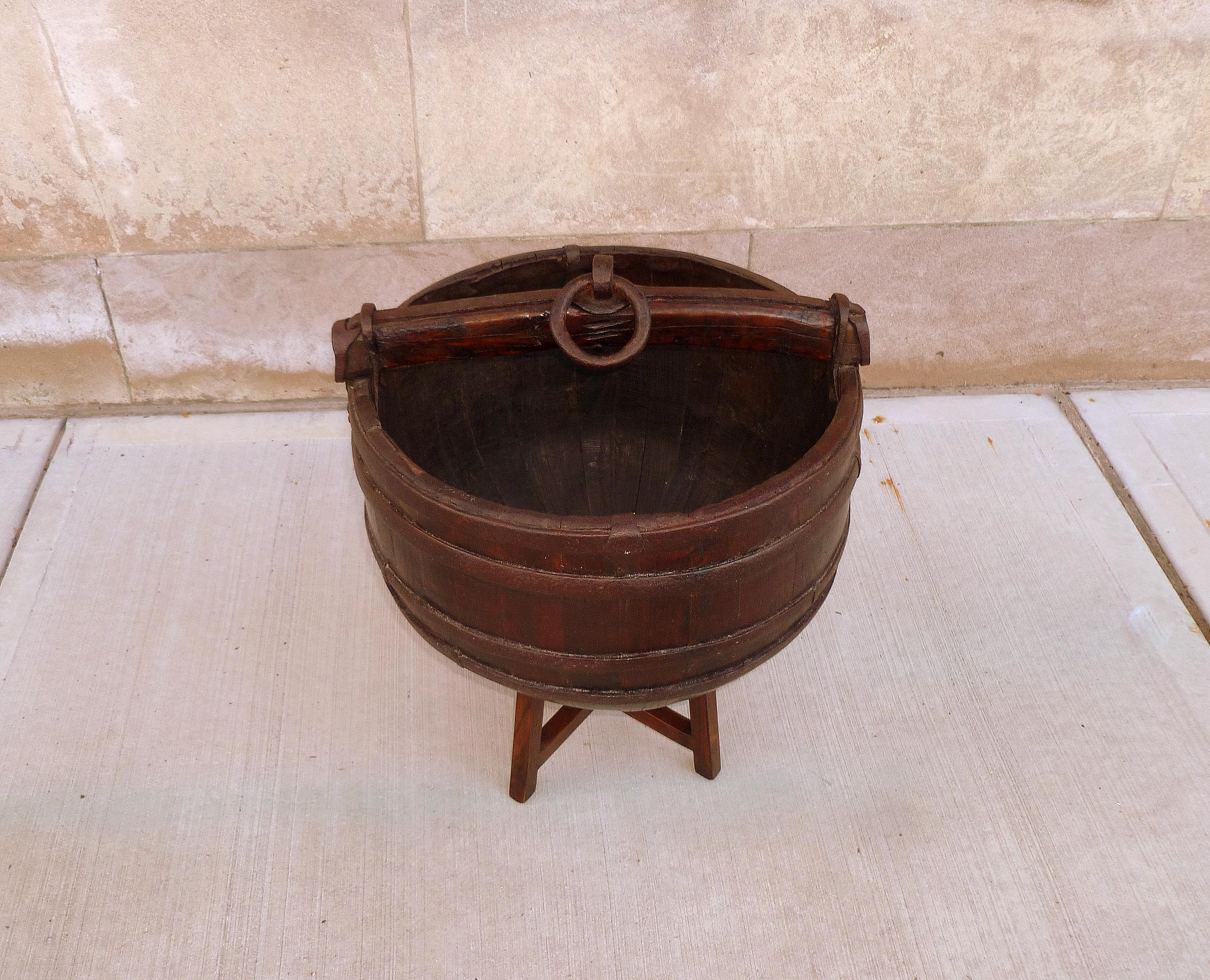 Metalwork Asian Well's Wooden Water Bucket For Sale