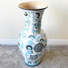 Asian White Black and Blue Lotus Flower Pottery Floor Vase