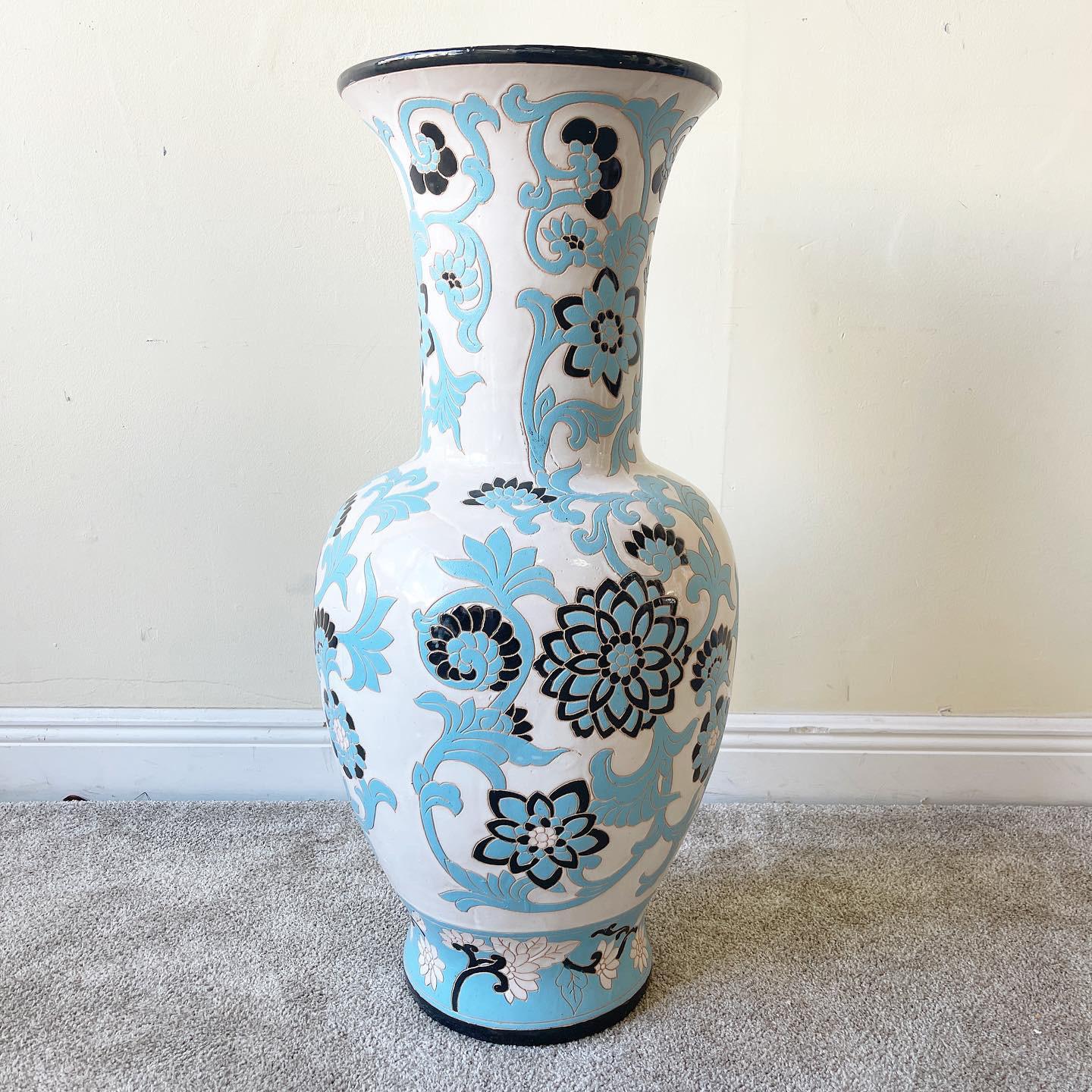 Chinoiserie Asian White Black and Blue Lotus Flower Pottery Floor Vase For Sale
