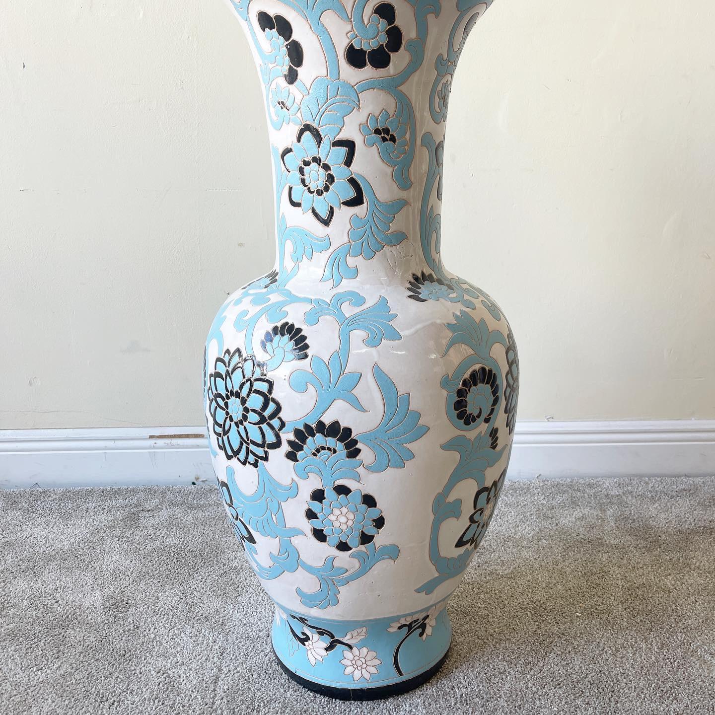 Asian White Black and Blue Lotus Flower Pottery Floor Vase In Good Condition For Sale In Delray Beach, FL