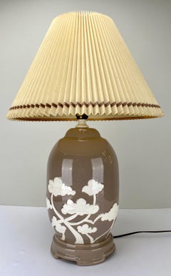 Asian White Bonsai Tree Design Taupe Ceramic Table Lamp, a Pair