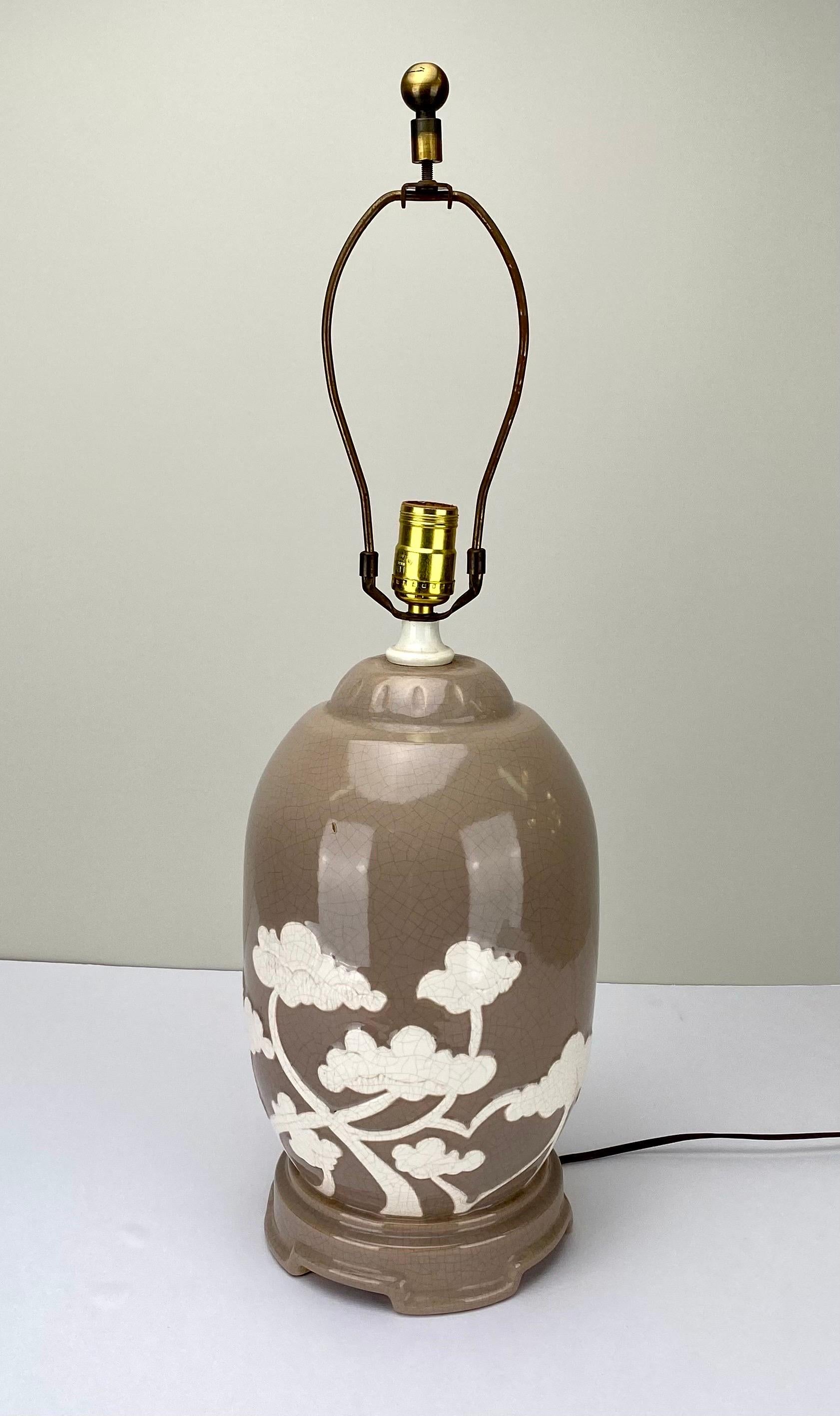 Glazed Asian White Bonsai Tree Design Taupe Ceramic Table Lamp, a Pair 