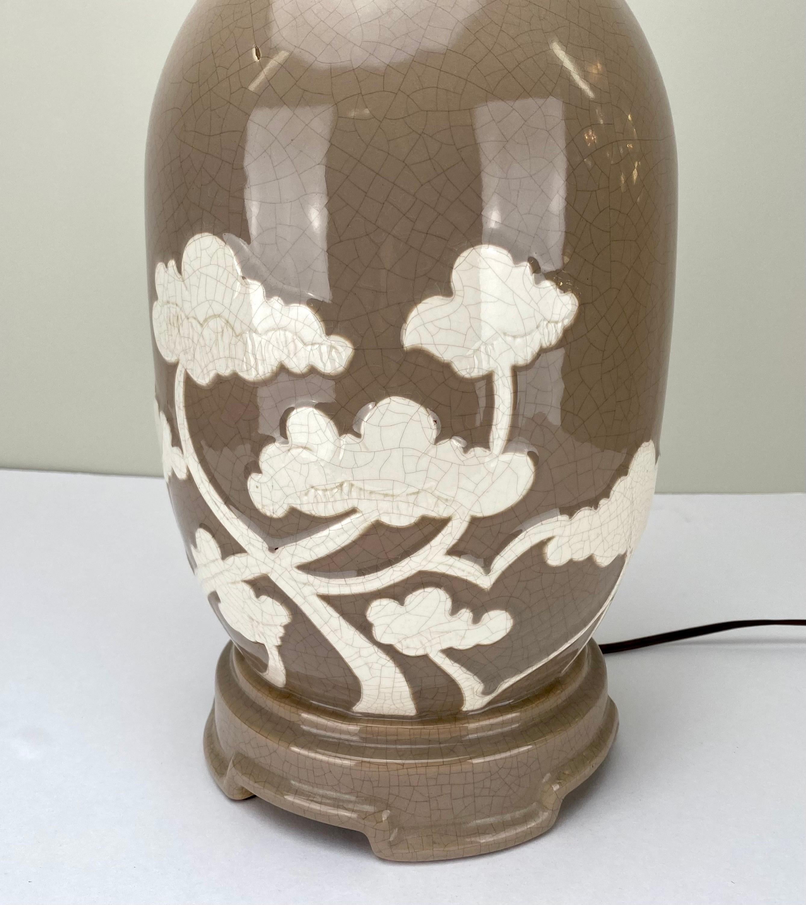 Asian White Bonsai Tree Design Taupe Ceramic Table Lamp, a Pair  In Good Condition In Plainview, NY