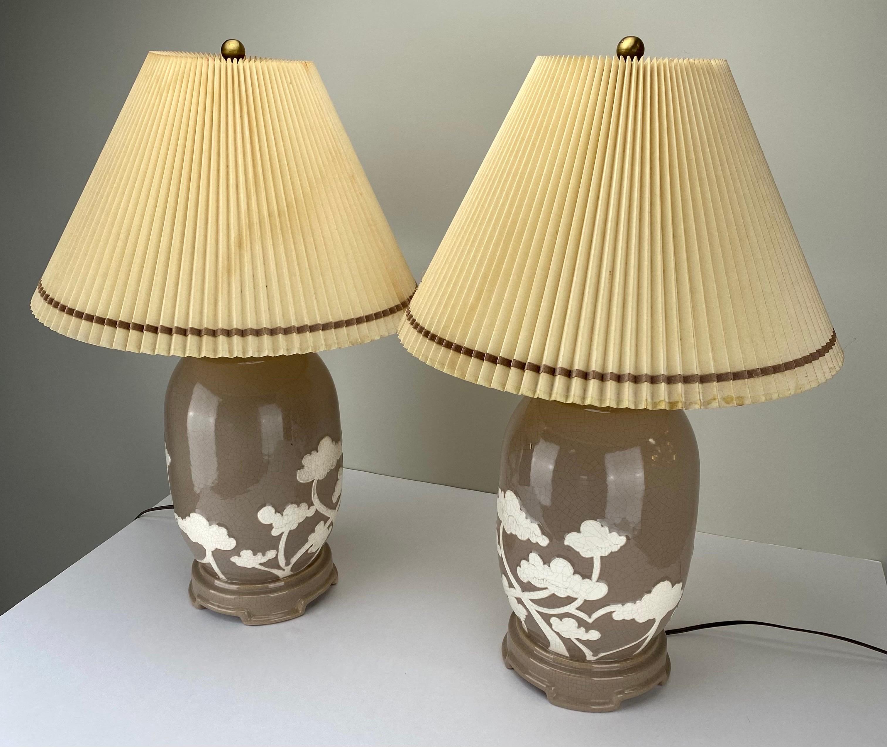 Asian White Bonsai Tree Design Taupe Ceramic Table Lamp, a Pair  2