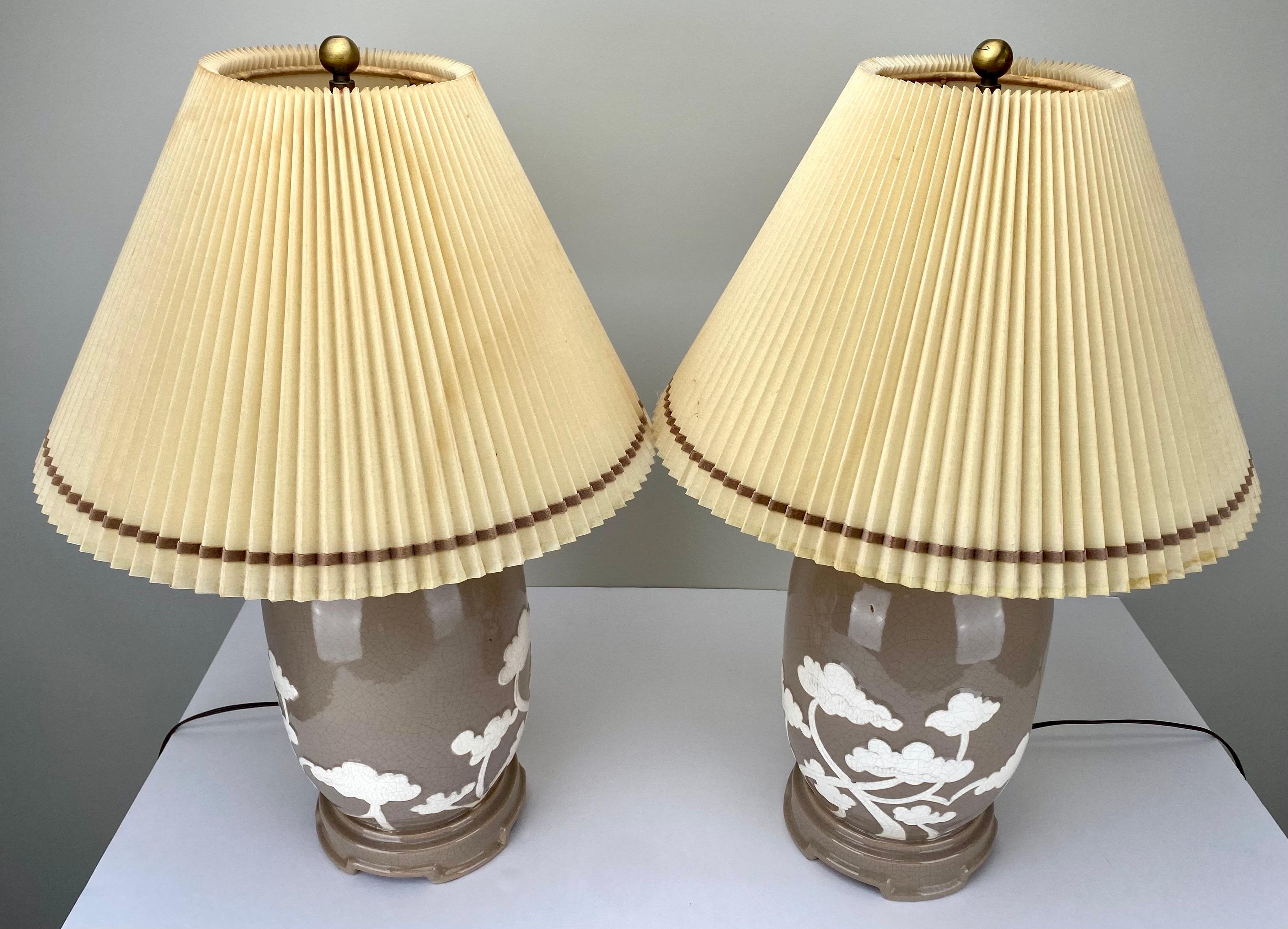 Asian White Bonsai Tree Design Taupe Ceramic Table Lamp, a Pair  3
