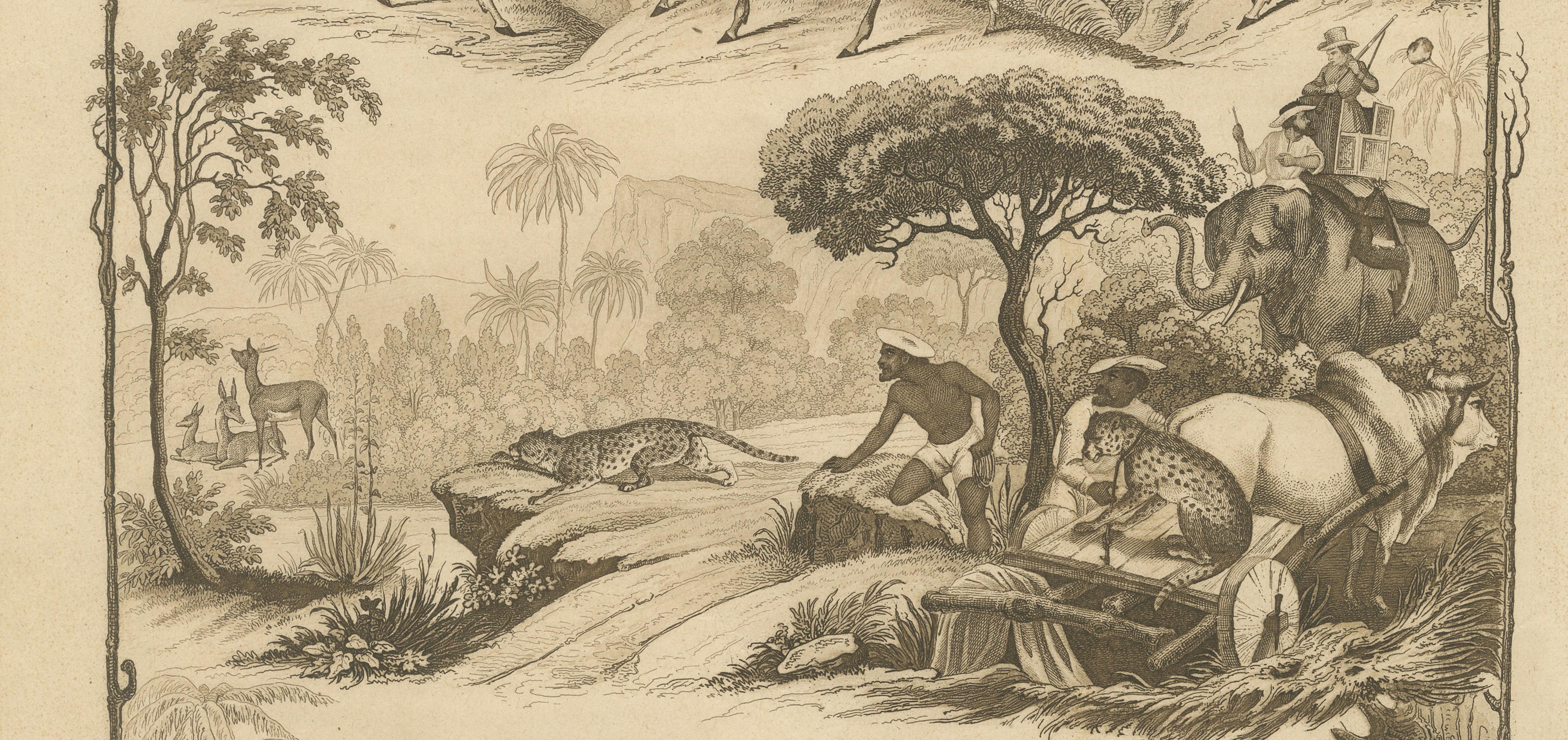 Engraved Asian Wildlife and Hunting Scene – Antique German Engraving, c.1840 For Sale