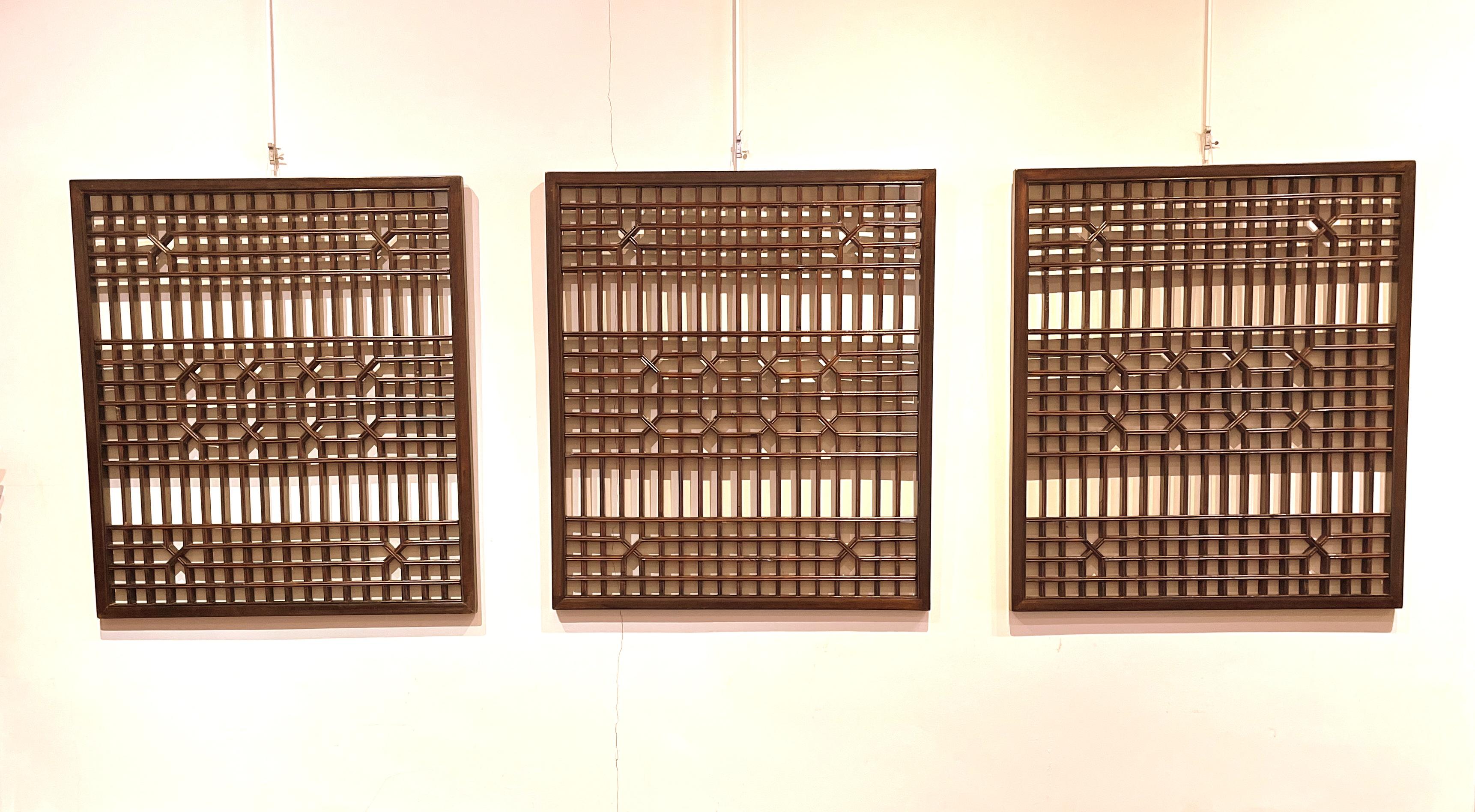 Asian window panels with geometric shapes design. All constructed with joinery techniques.
Photos are shown three window panels and can sell all three window panels once or can sell a single window panel individually. Price here is shown for each