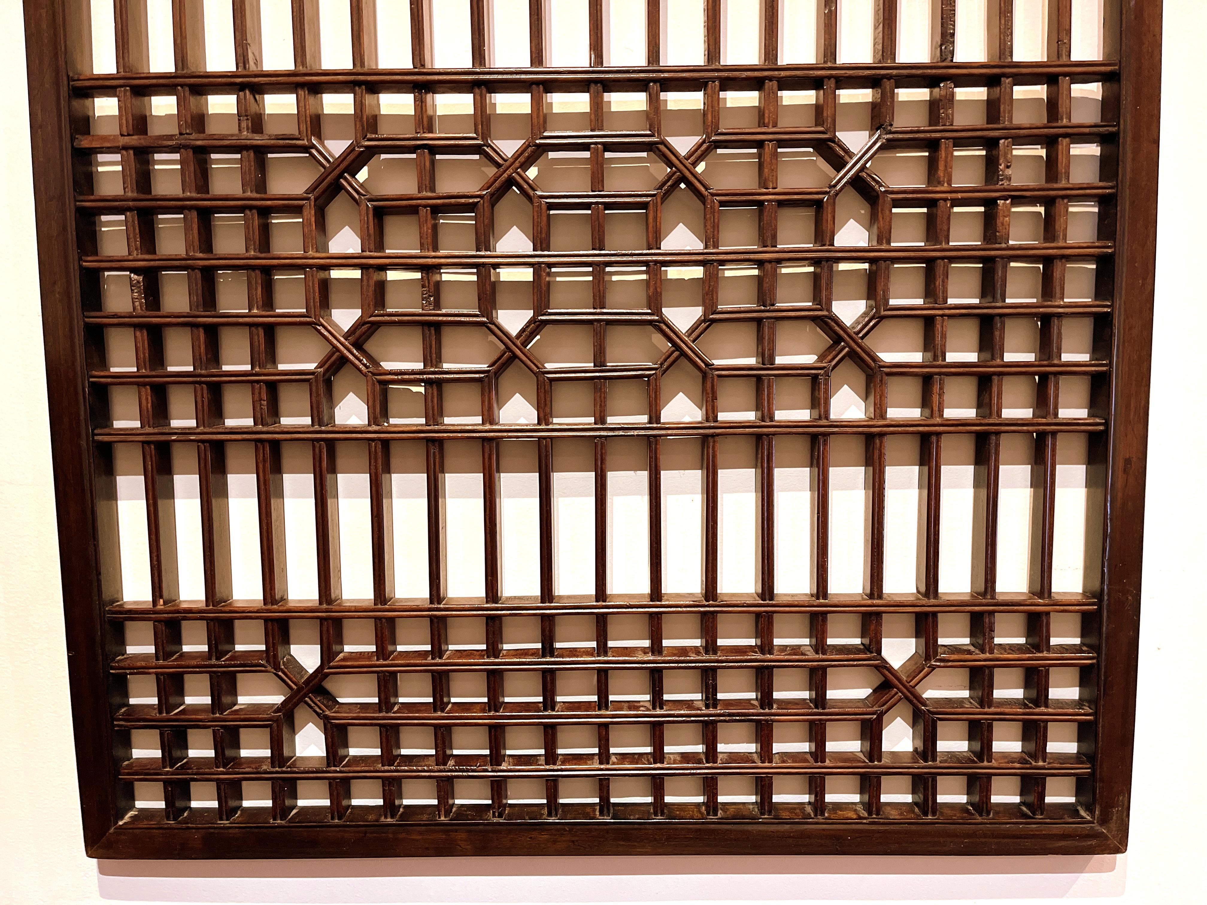 Polished Asian Window Panels with Geometric Design For Sale