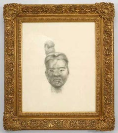 Asian Woman Portrait in Charcoal, Victorian Style, Late 20th Century