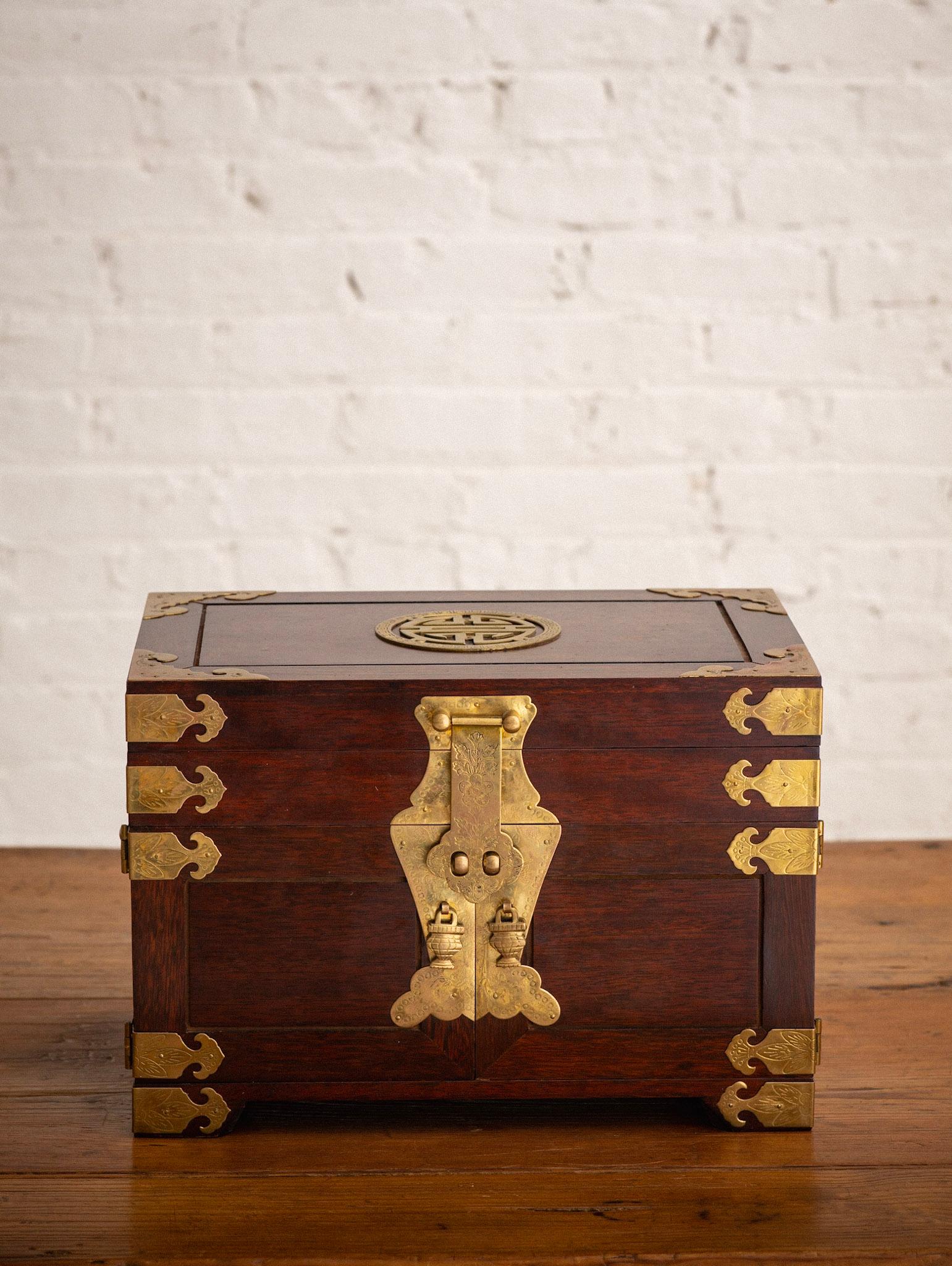 20th Century Asian Wood and Brass Jewelry Box For Sale