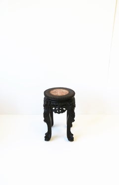 Asian Wood and Marble Drinks Table or Plant Stand, Small