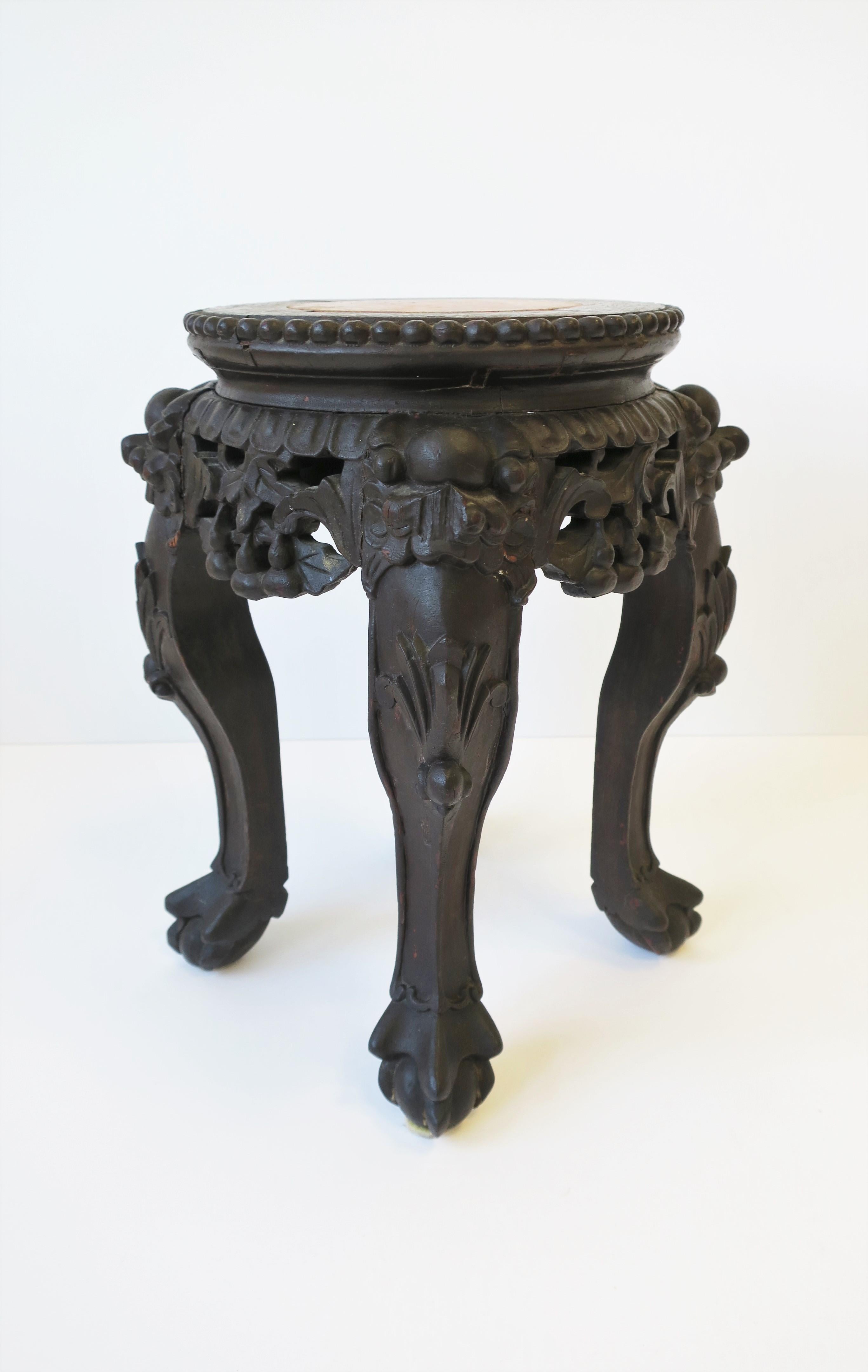 Hand-Carved Asian Wood and Marble Drinks Table or Plant Stand, Small For Sale
