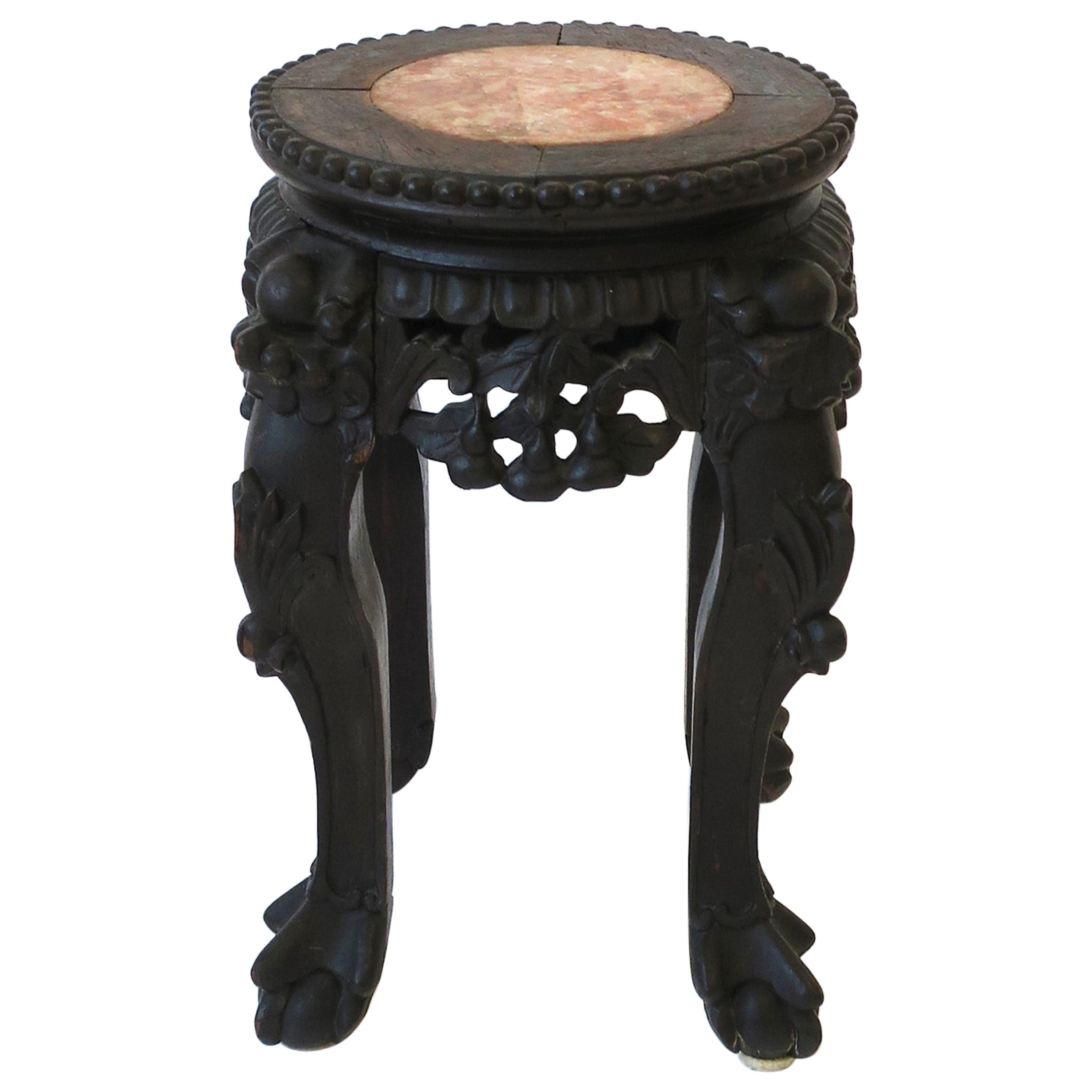 Asian Wood and Marble Drinks Table or Plant Stand, Small For Sale