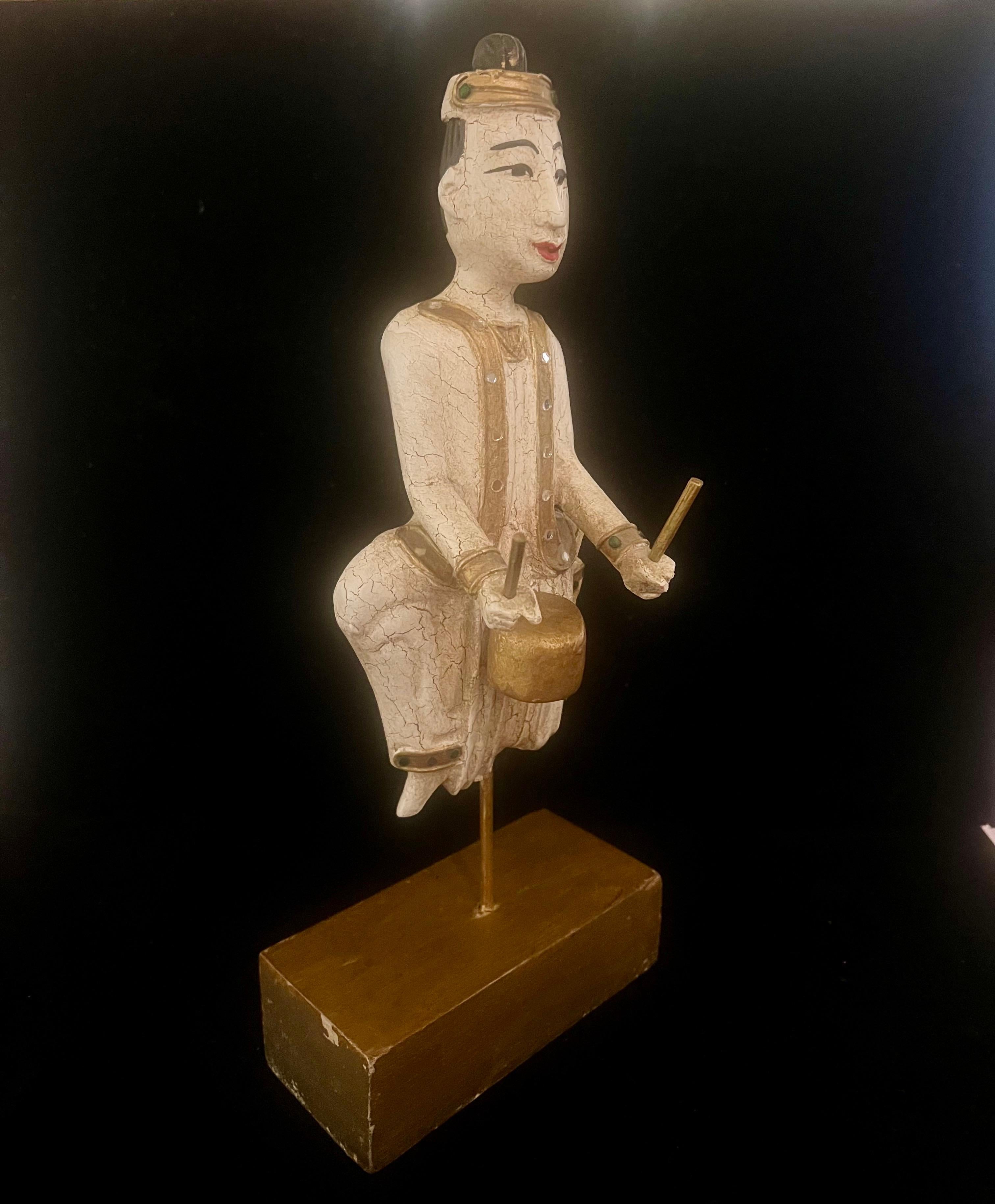 Hollywood Regency Asian Wood Carved Antique Burmese Musician Sculpture For Sale