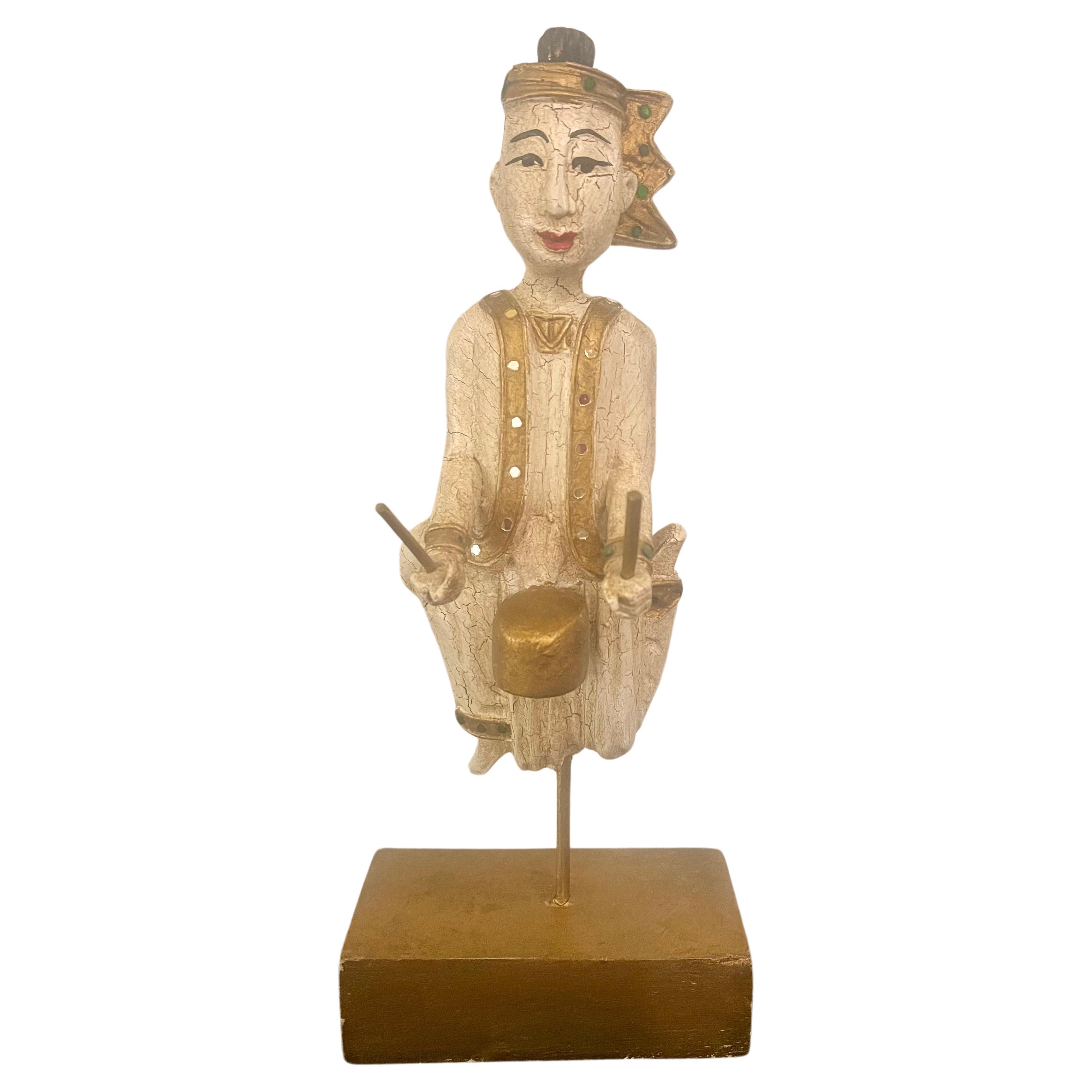 Asian Wood Carved Antique Burmese Musician Sculpture For Sale