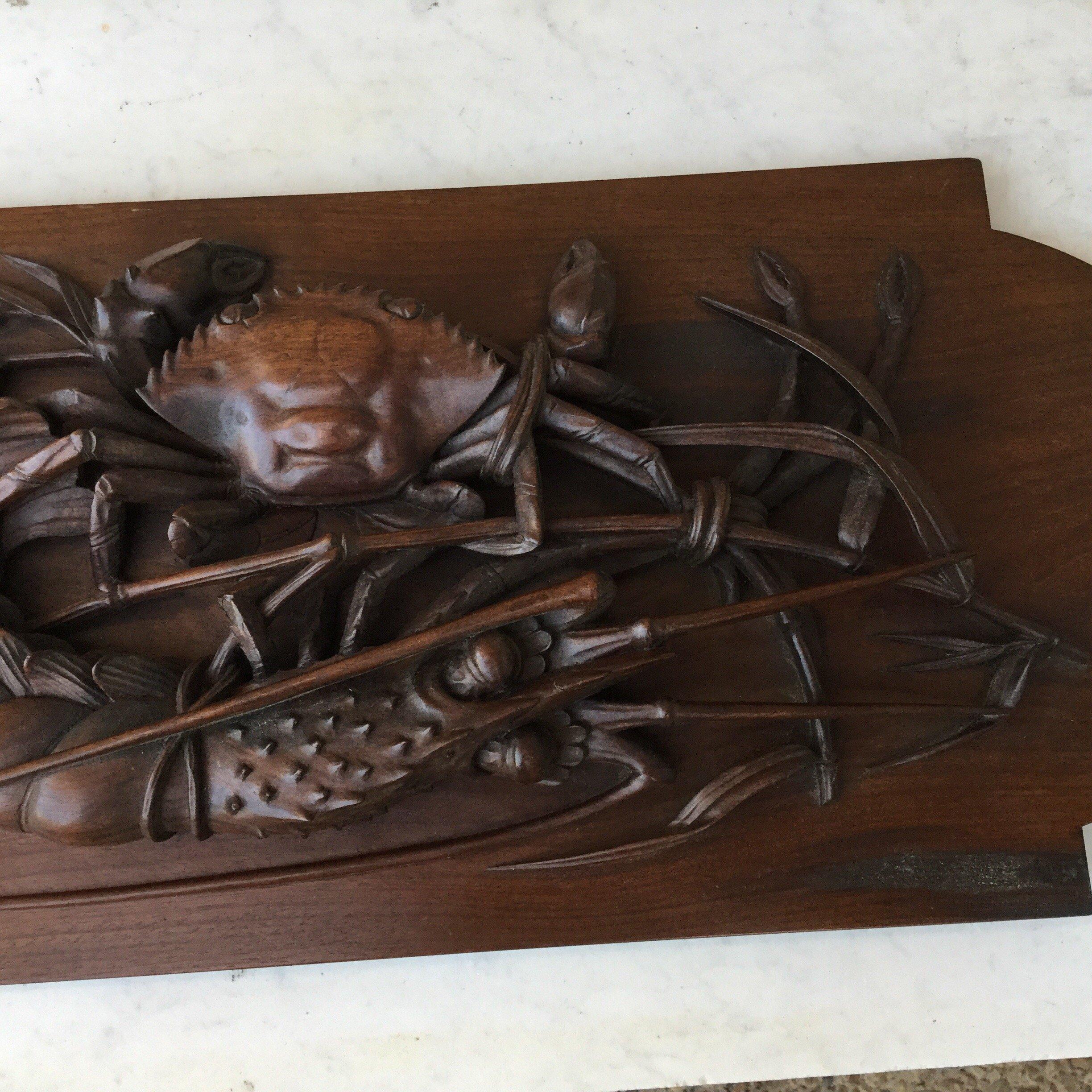 Japanese Asian Wood Carved Wall Plaque with Crab and Lobster For Sale