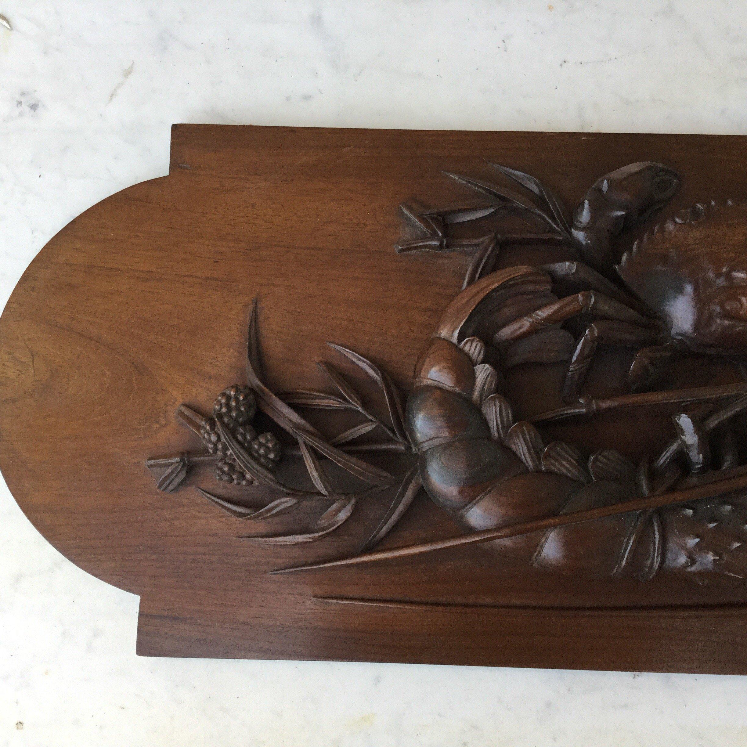 Hand-Carved Asian Wood Carved Wall Plaque with Crab and Lobster For Sale