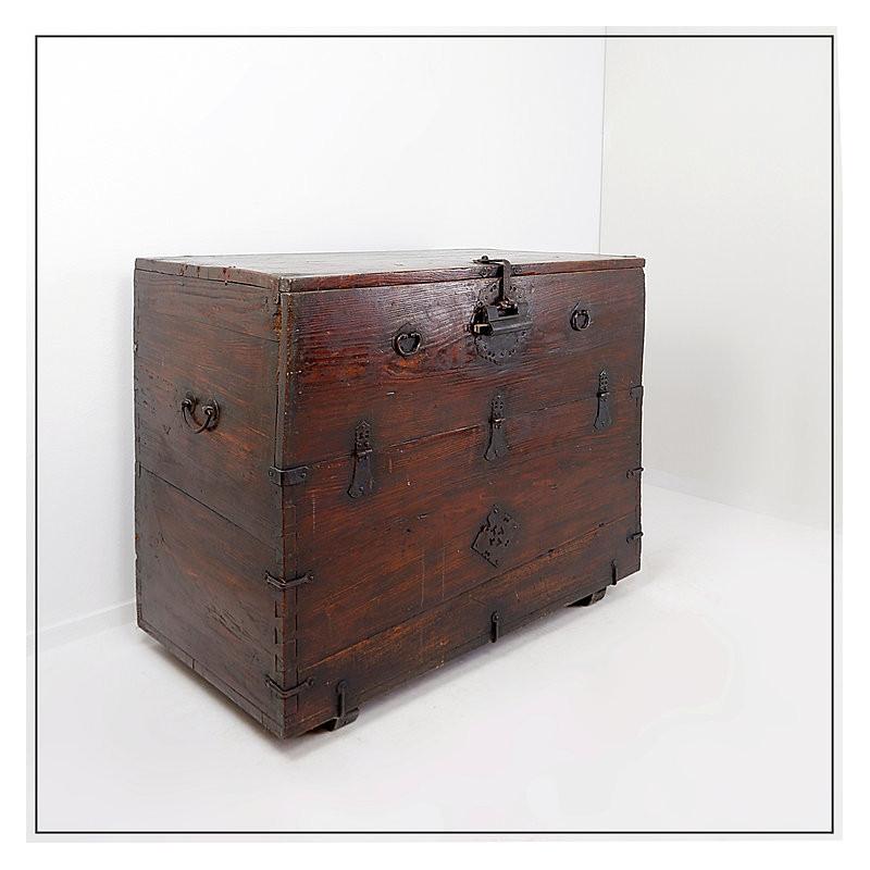 Wood Asian wooden chest with decorative fittings For Sale