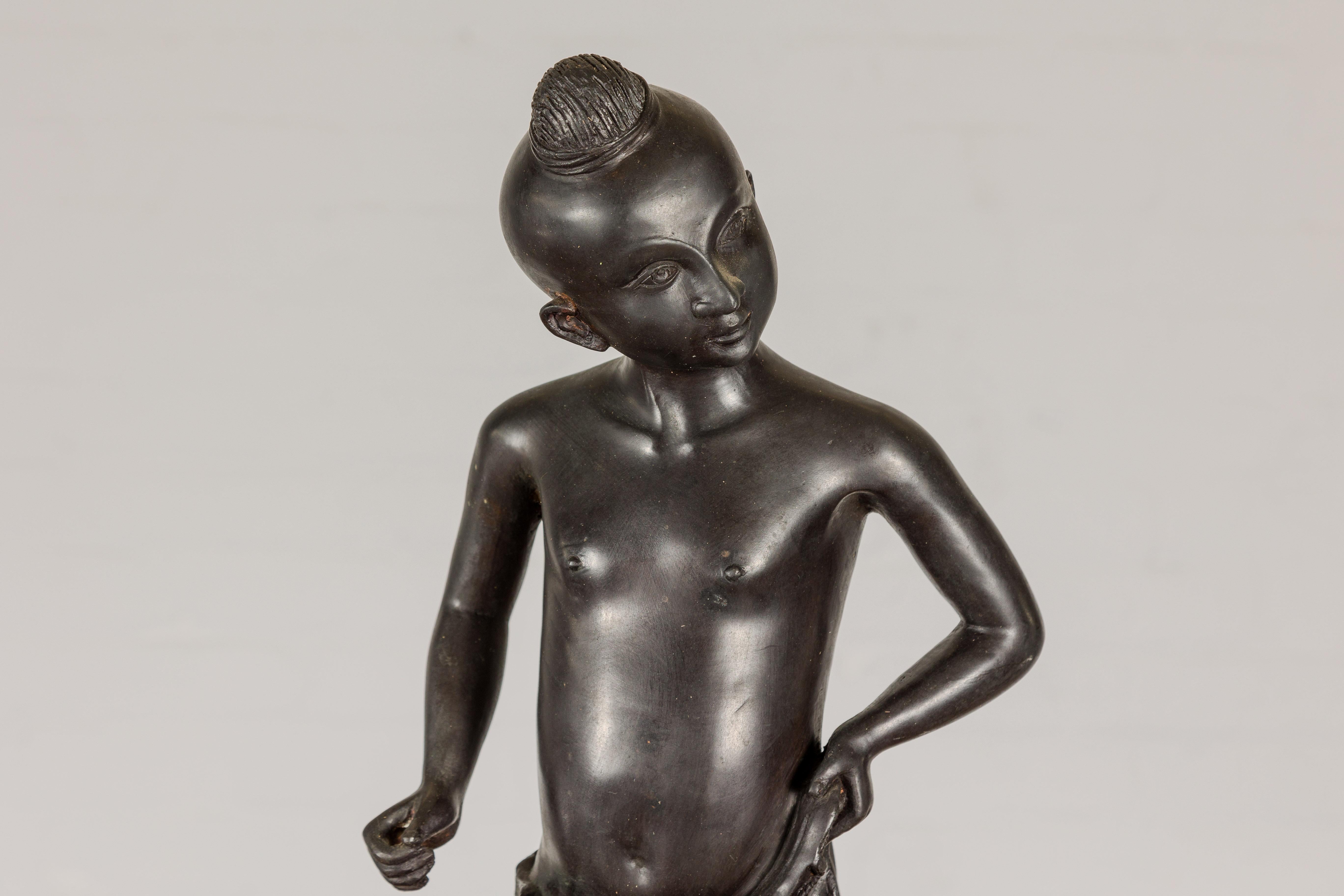 Contemporary Asian Inspired Bronze Tabletop Statue in Dark Patina For Sale