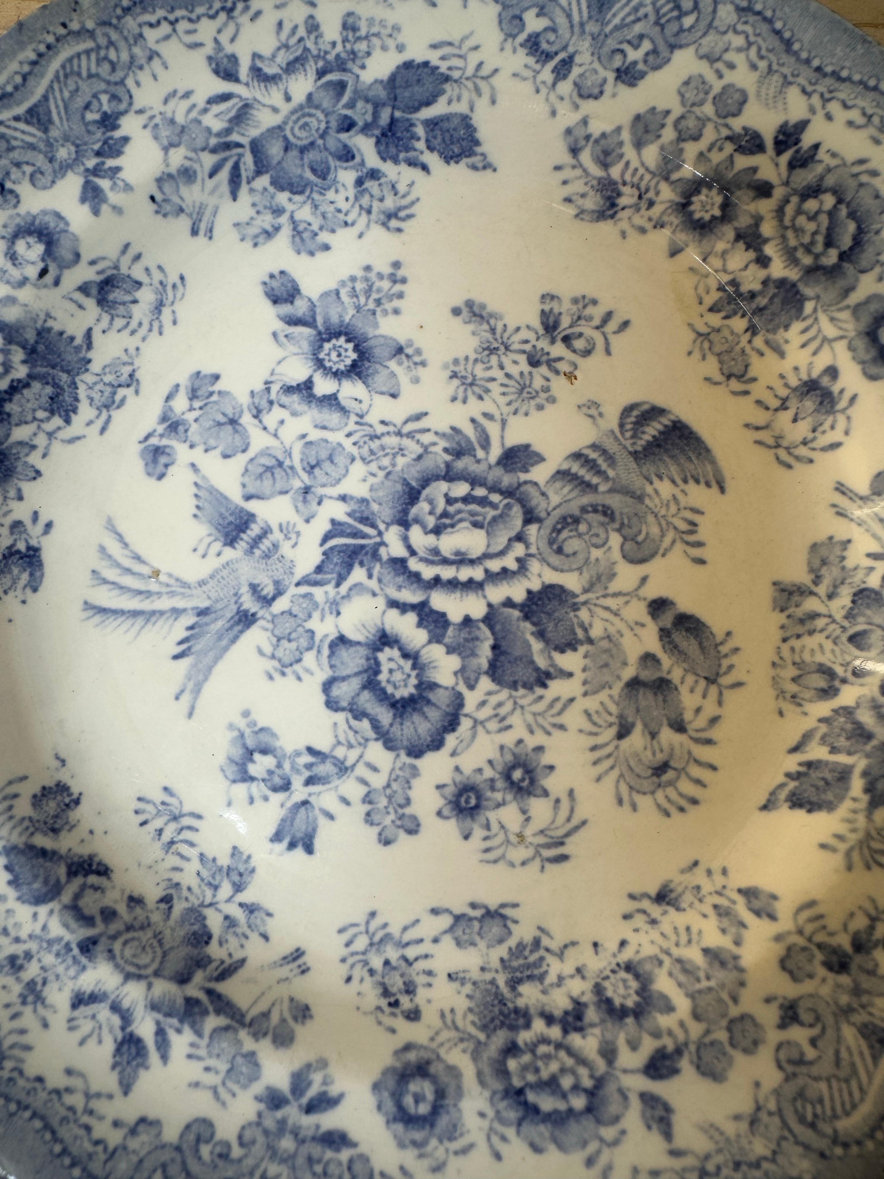 Asiatic Pheasant Dinner Plate, Blue & White Floral, circa 1850, Ceramic For Sale 7