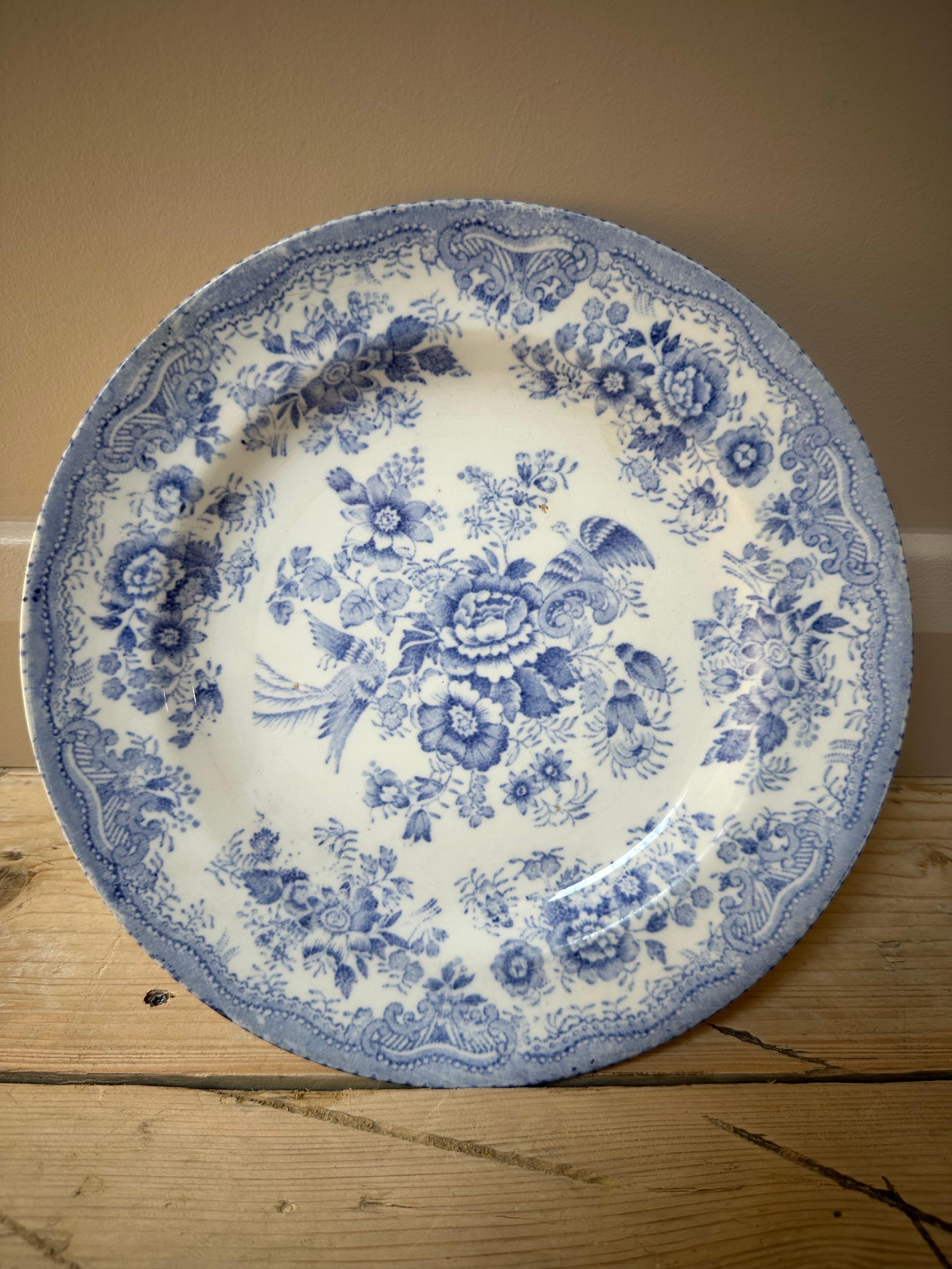 Victorian Asiatic Pheasant Dinner Plate, Blue & White Floral, circa 1850, Ceramic For Sale