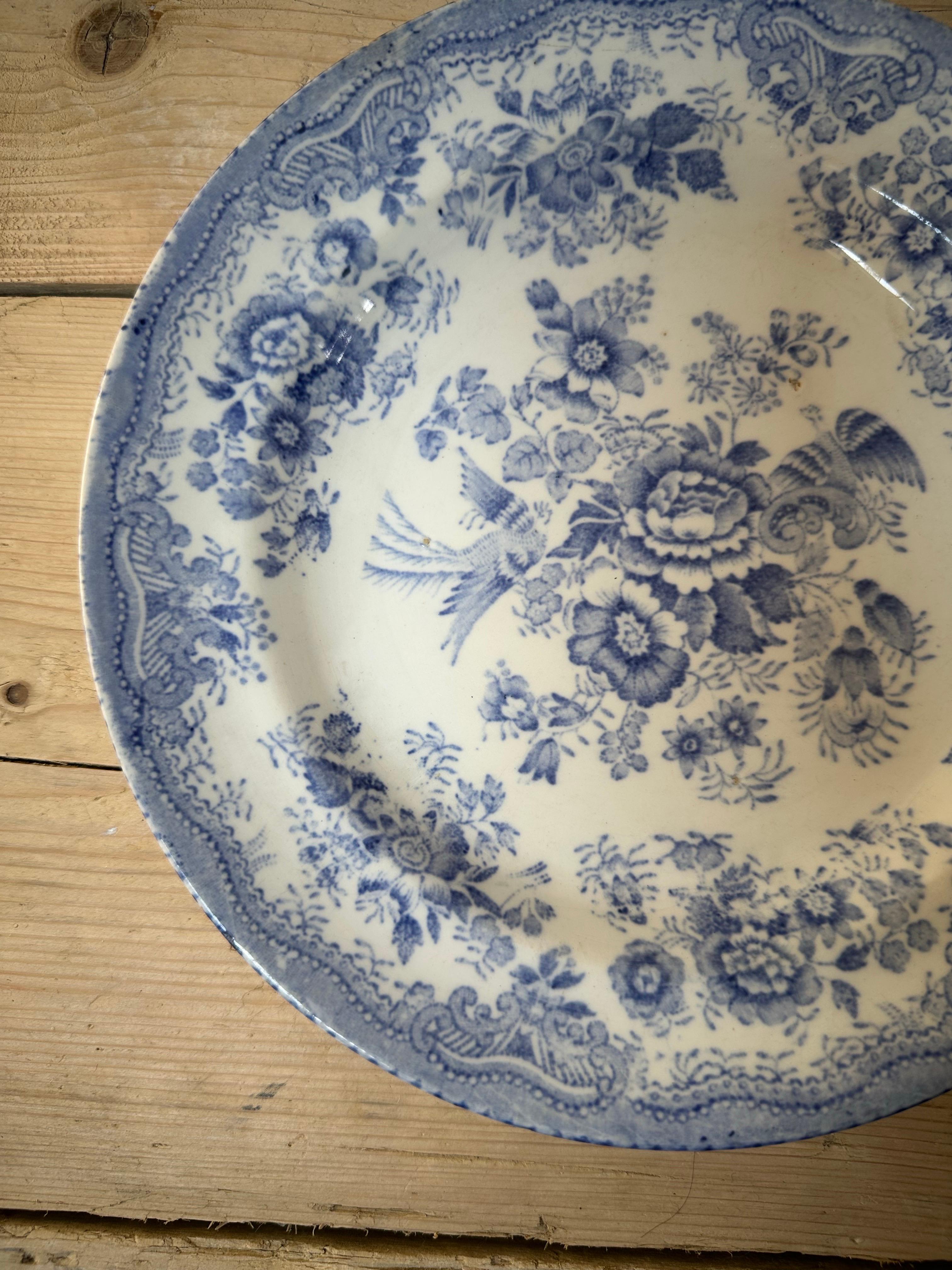 English Asiatic Pheasant Dinner Plate, Blue & White Floral, circa 1850, Ceramic For Sale