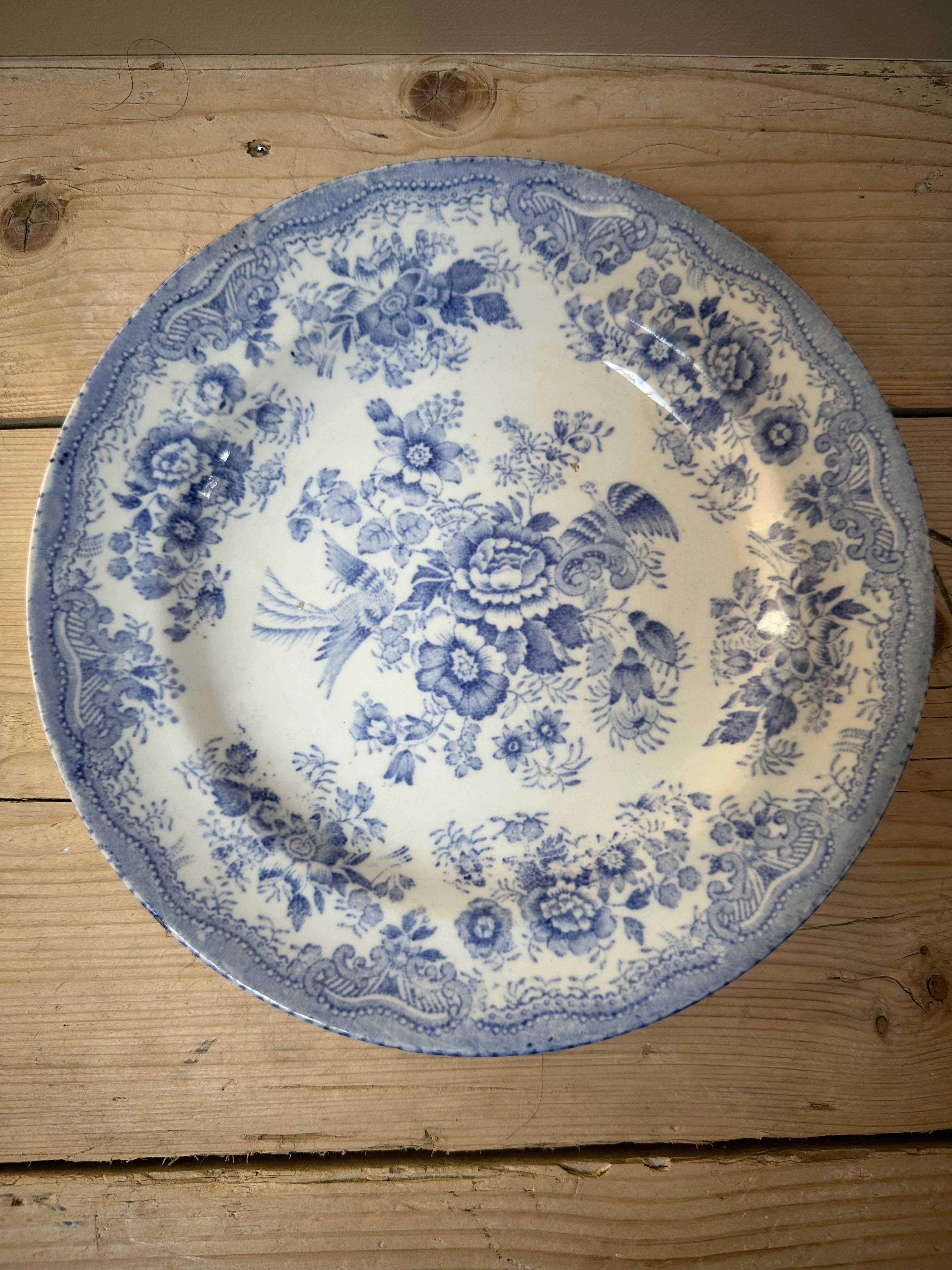Hand-Painted Asiatic Pheasant Dinner Plate, Blue & White Floral, circa 1850, Ceramic For Sale