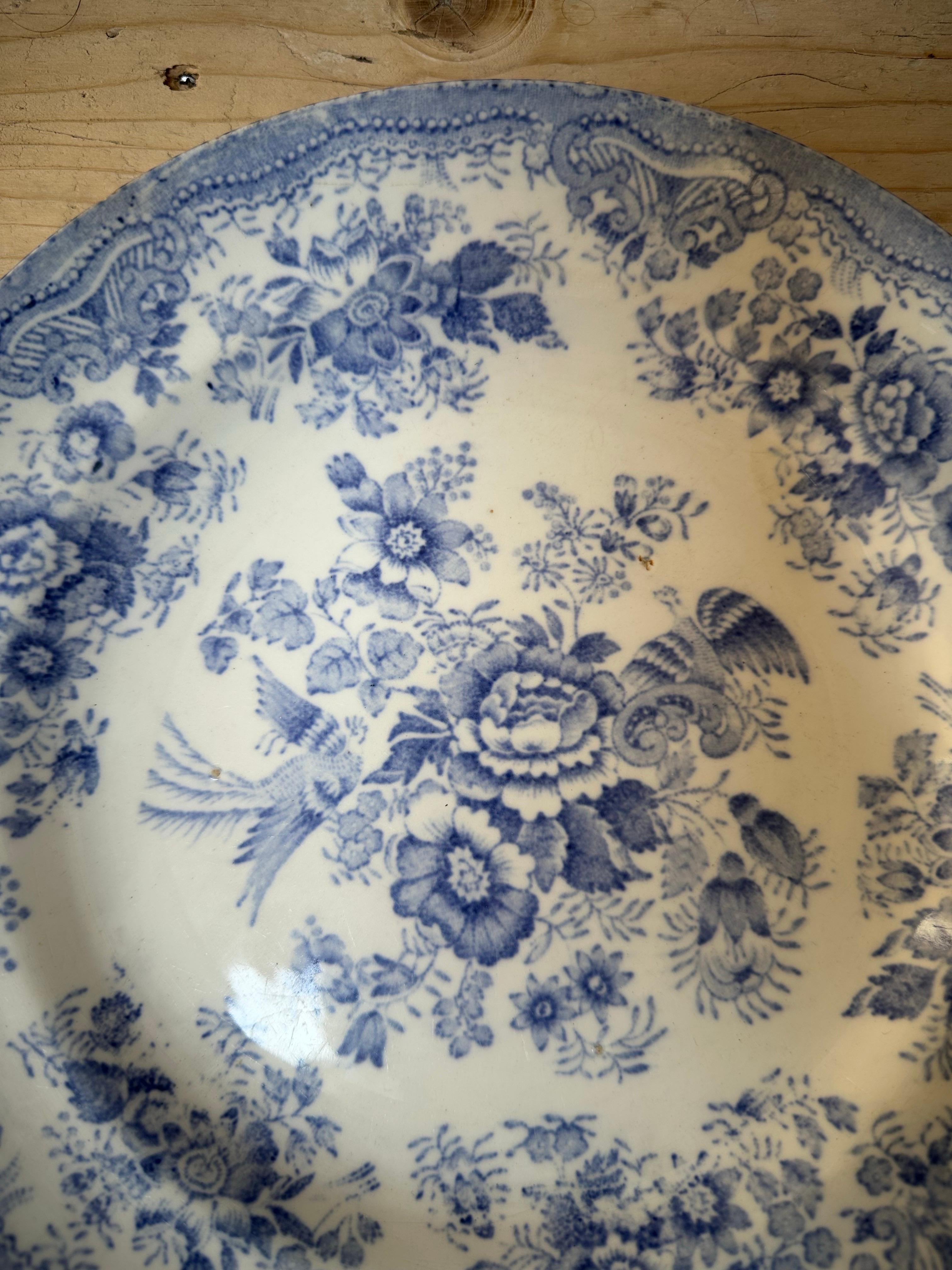Asiatic Pheasant Dinner Plate, Blue & White Floral, circa 1850, Ceramic For Sale 1